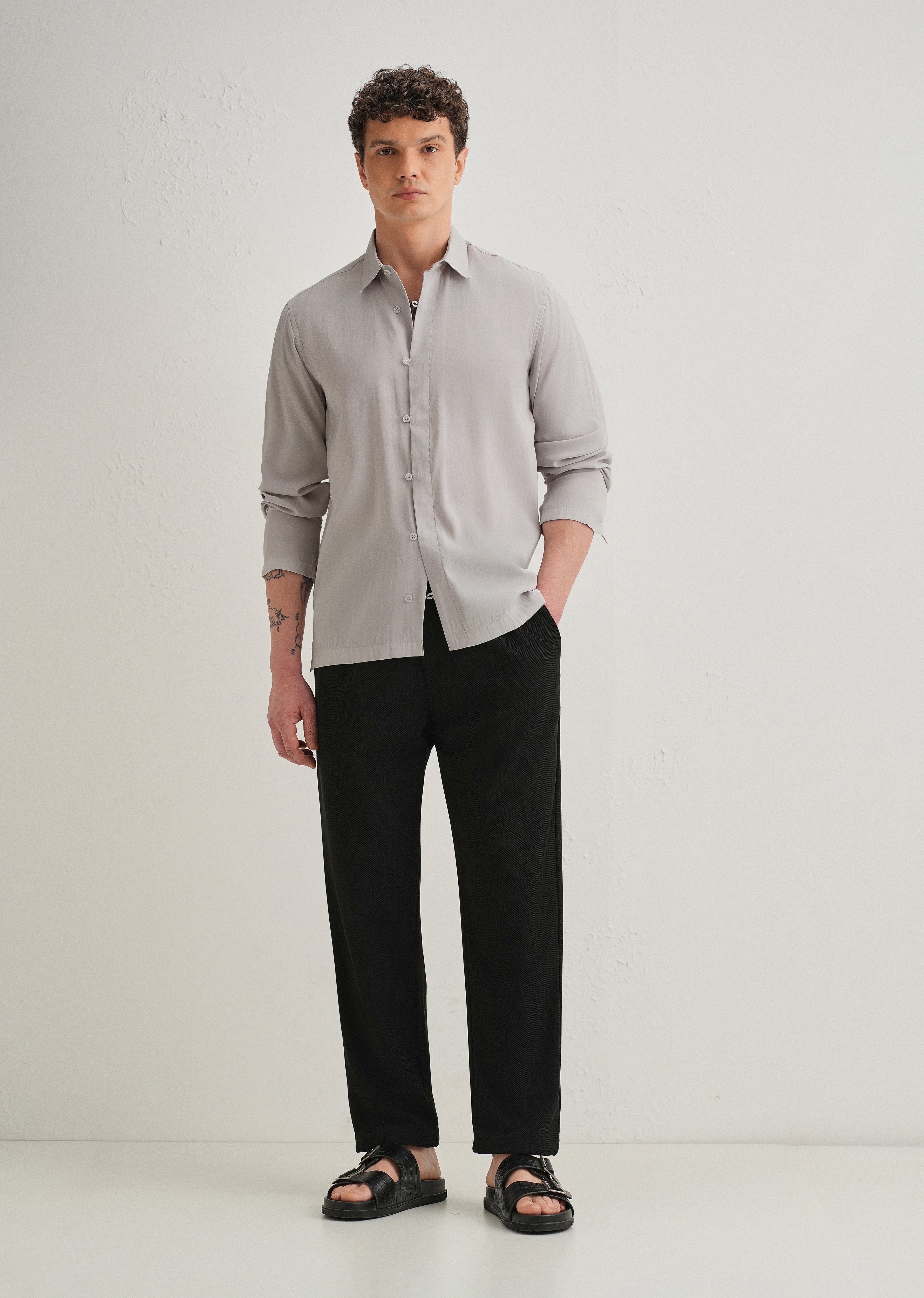 Light Grey Loop Button-Down Plain Shirt