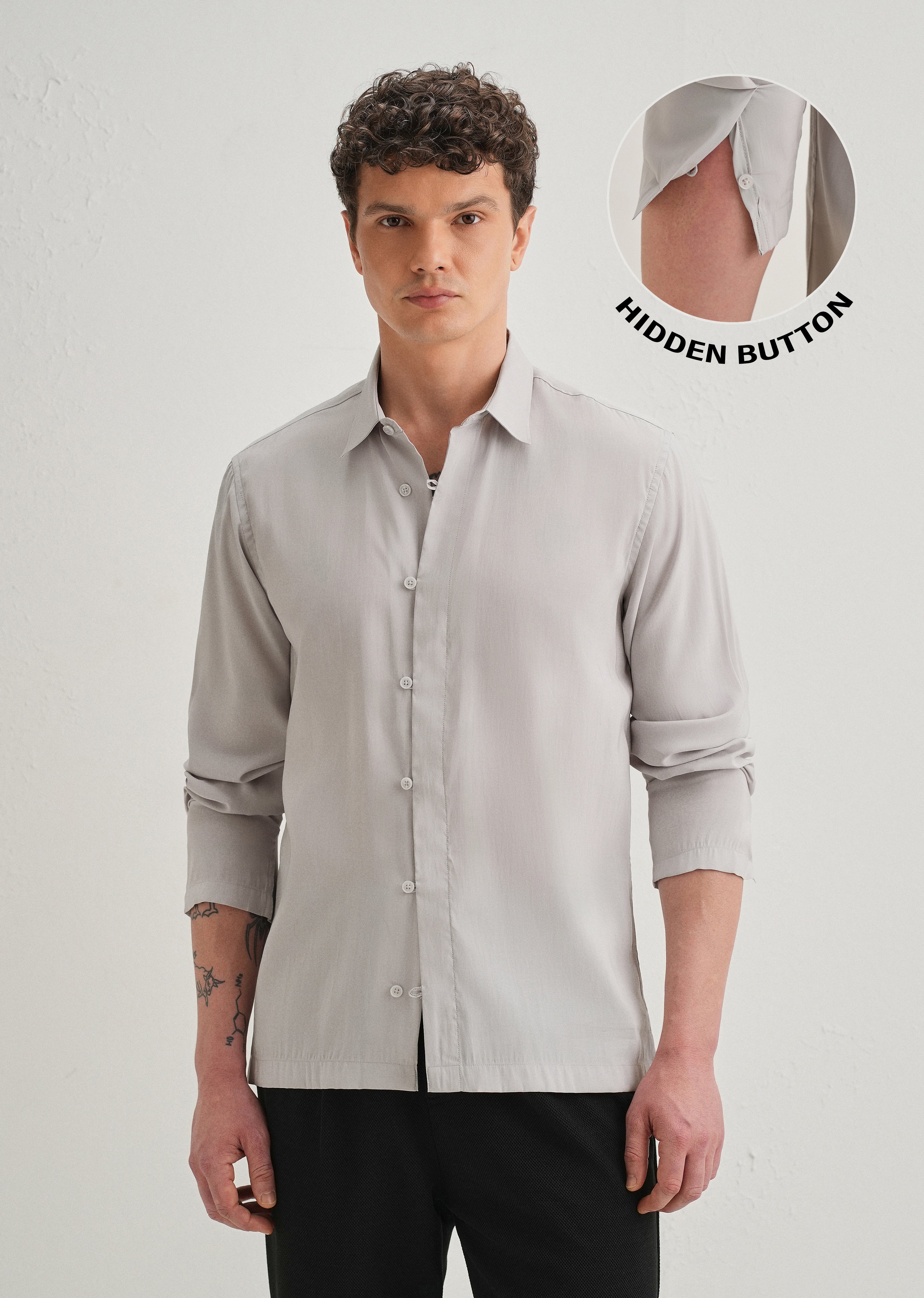 Light Grey Loop Button-Down Plain Shirt