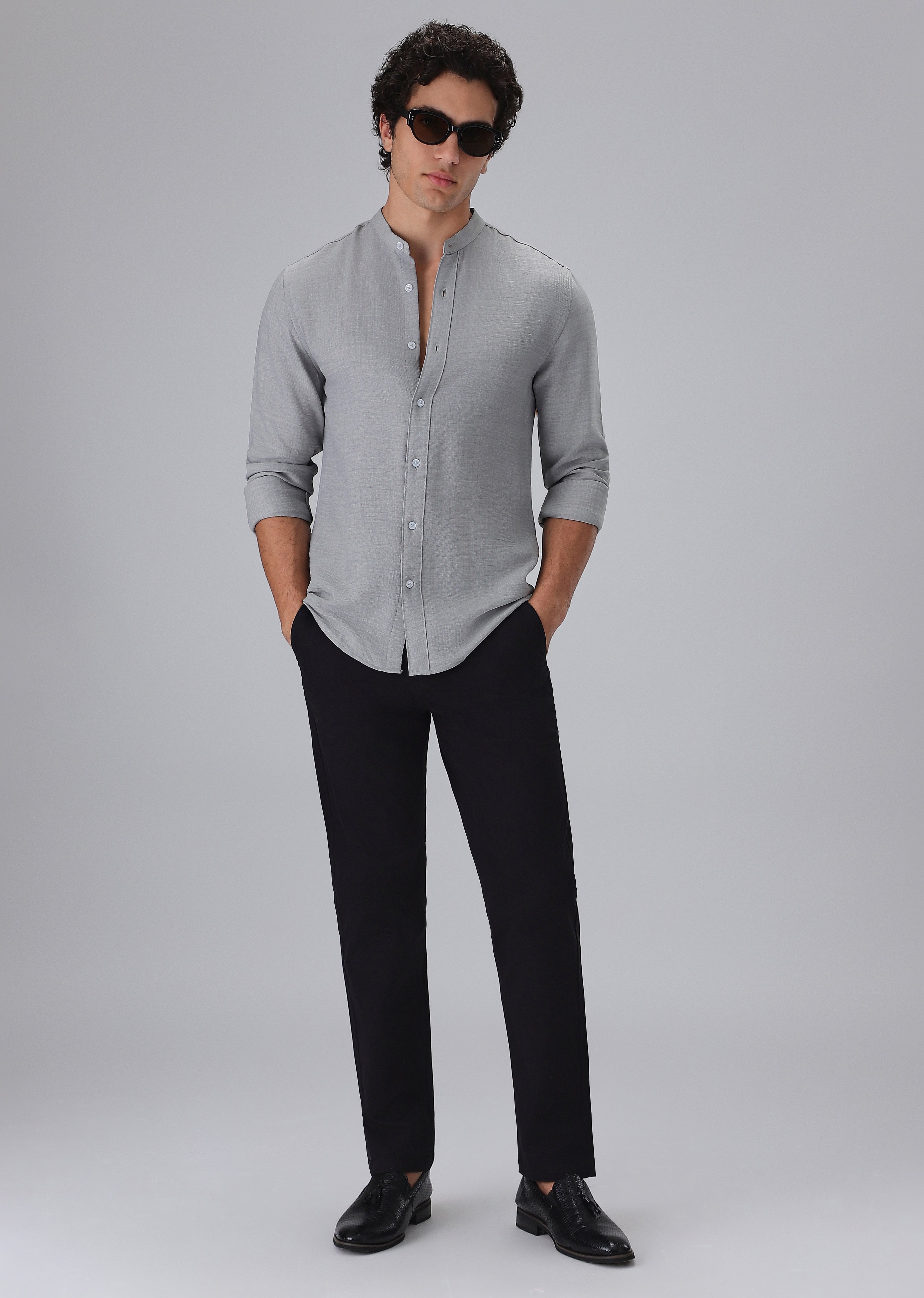 Light Grey Plain Mandarin Collar Shirt