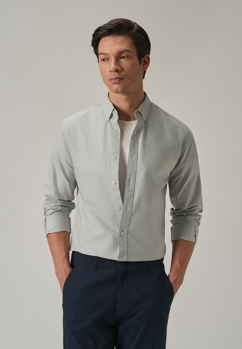 Light Grey Plain Elbow Patch Oxford Shirt