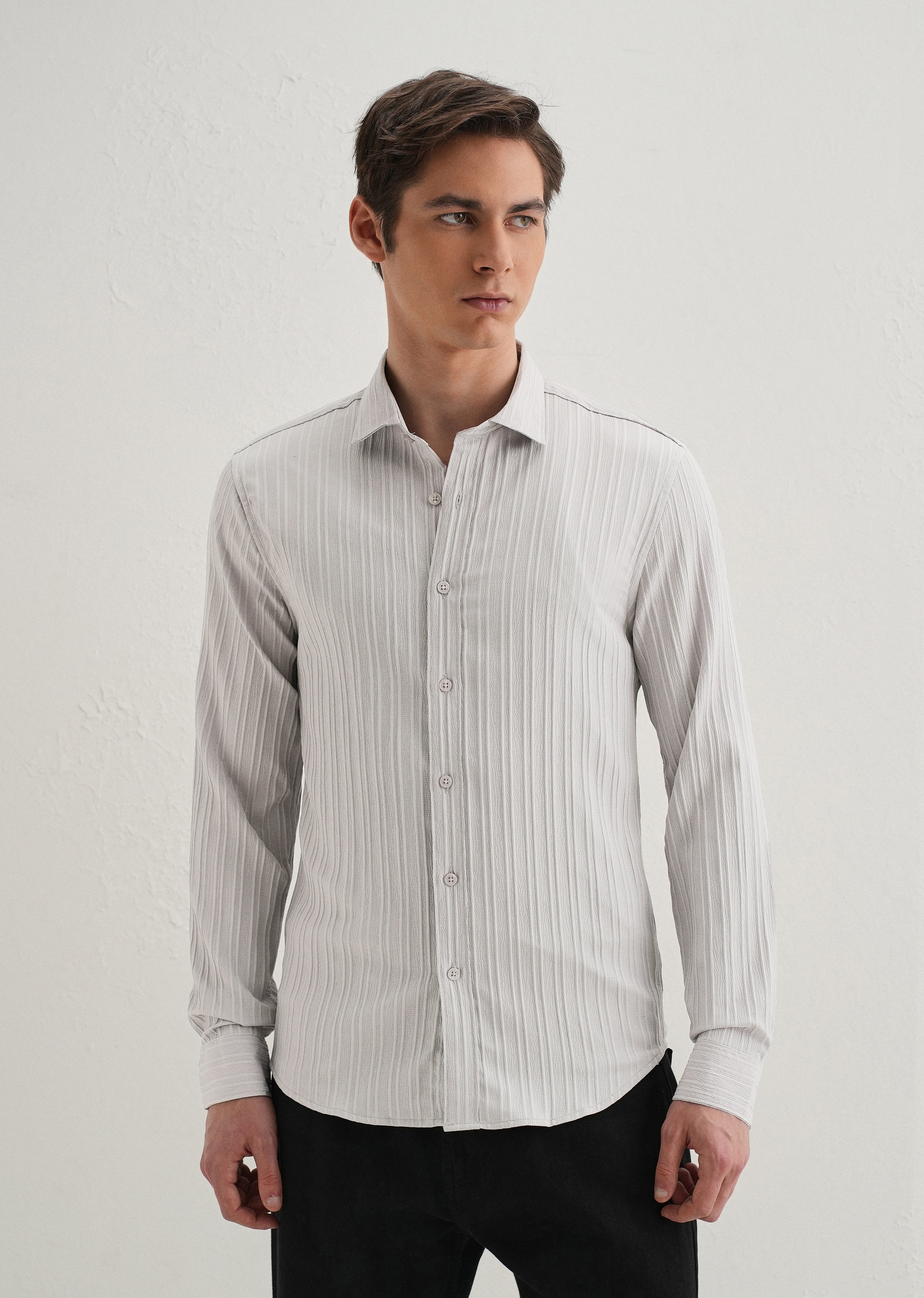 Light Grey Plain Self Striped Shirt