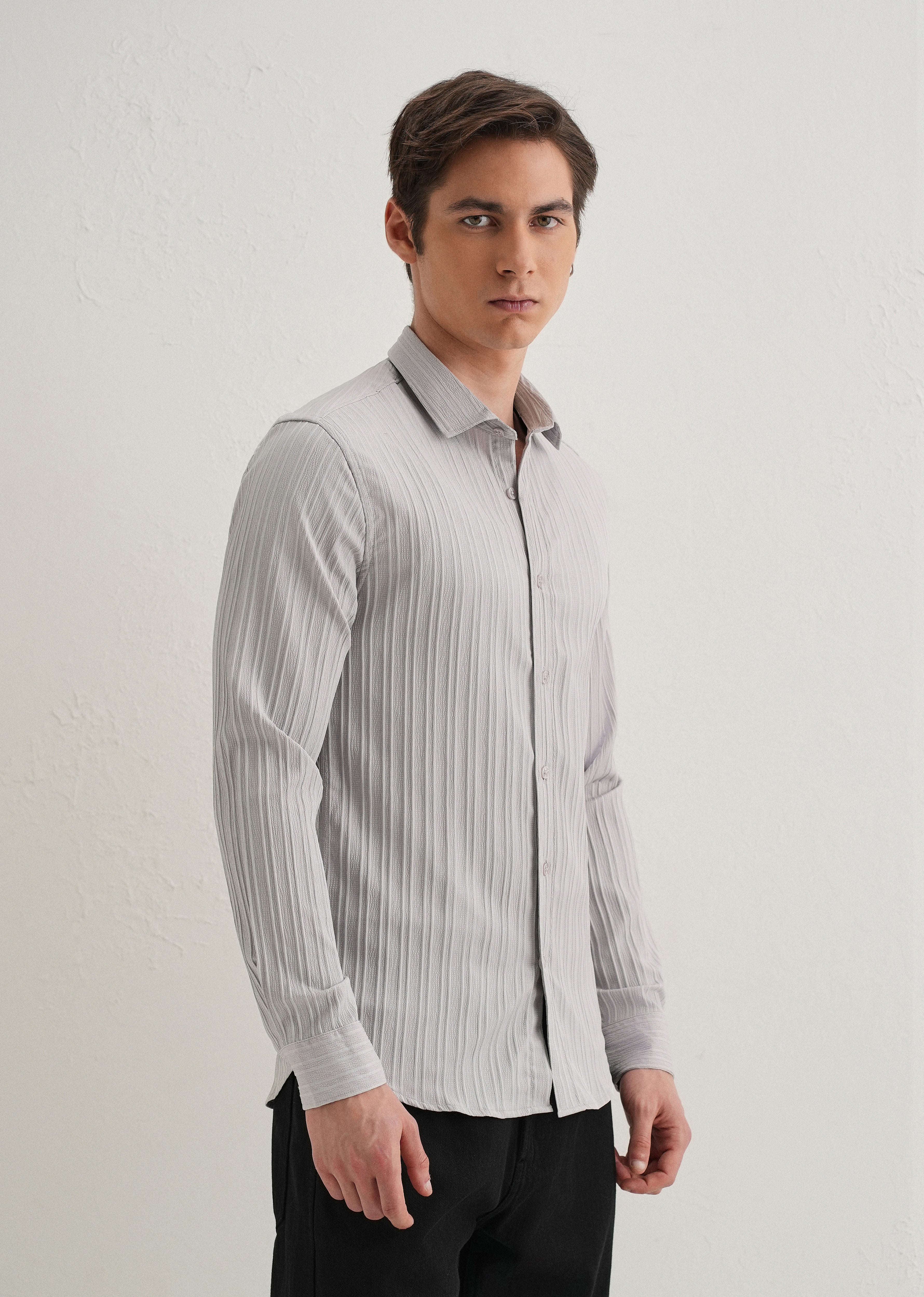 Light Grey Plain Self Striped Shirt