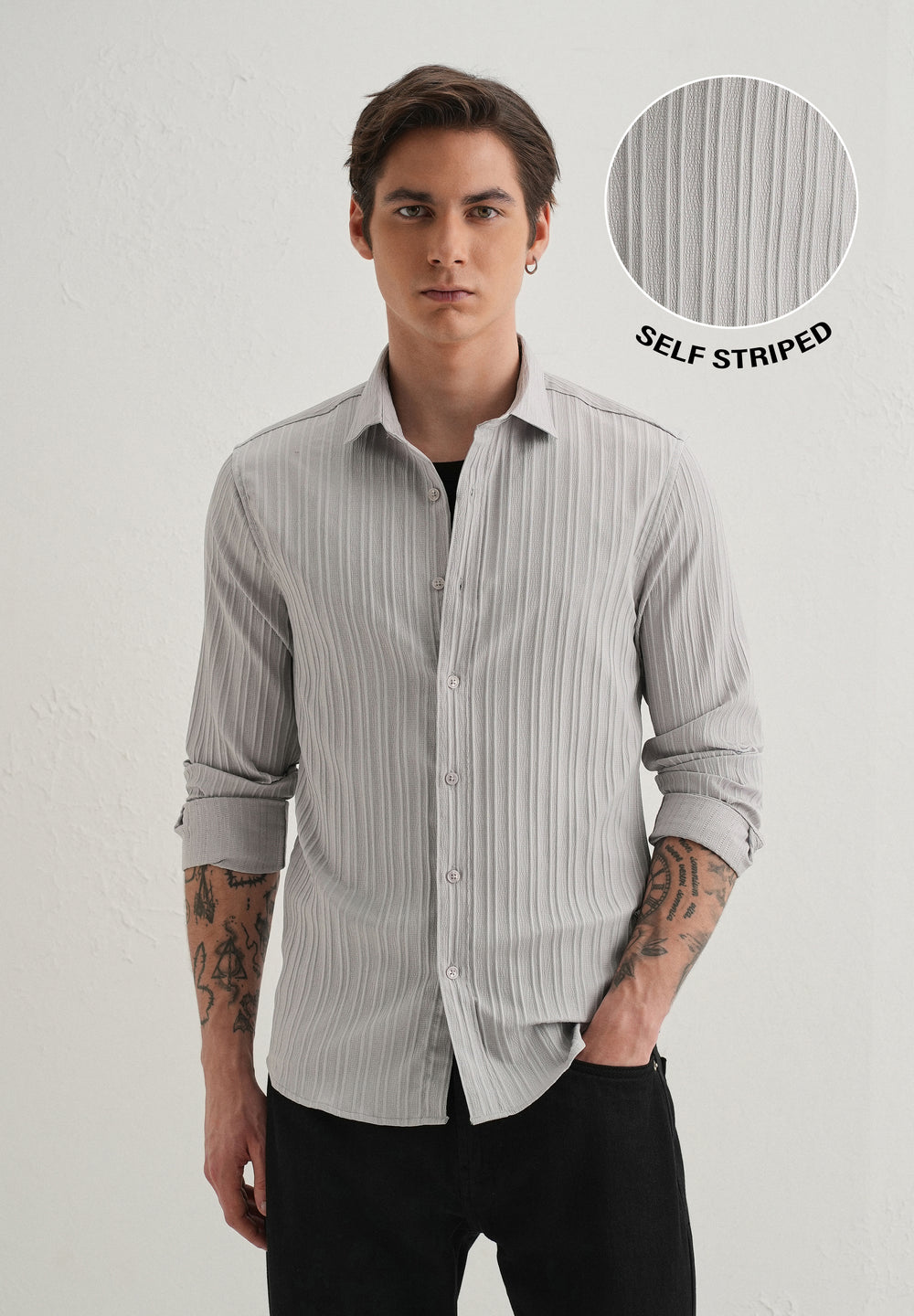 Light Grey Plain Self Striped Shirt
