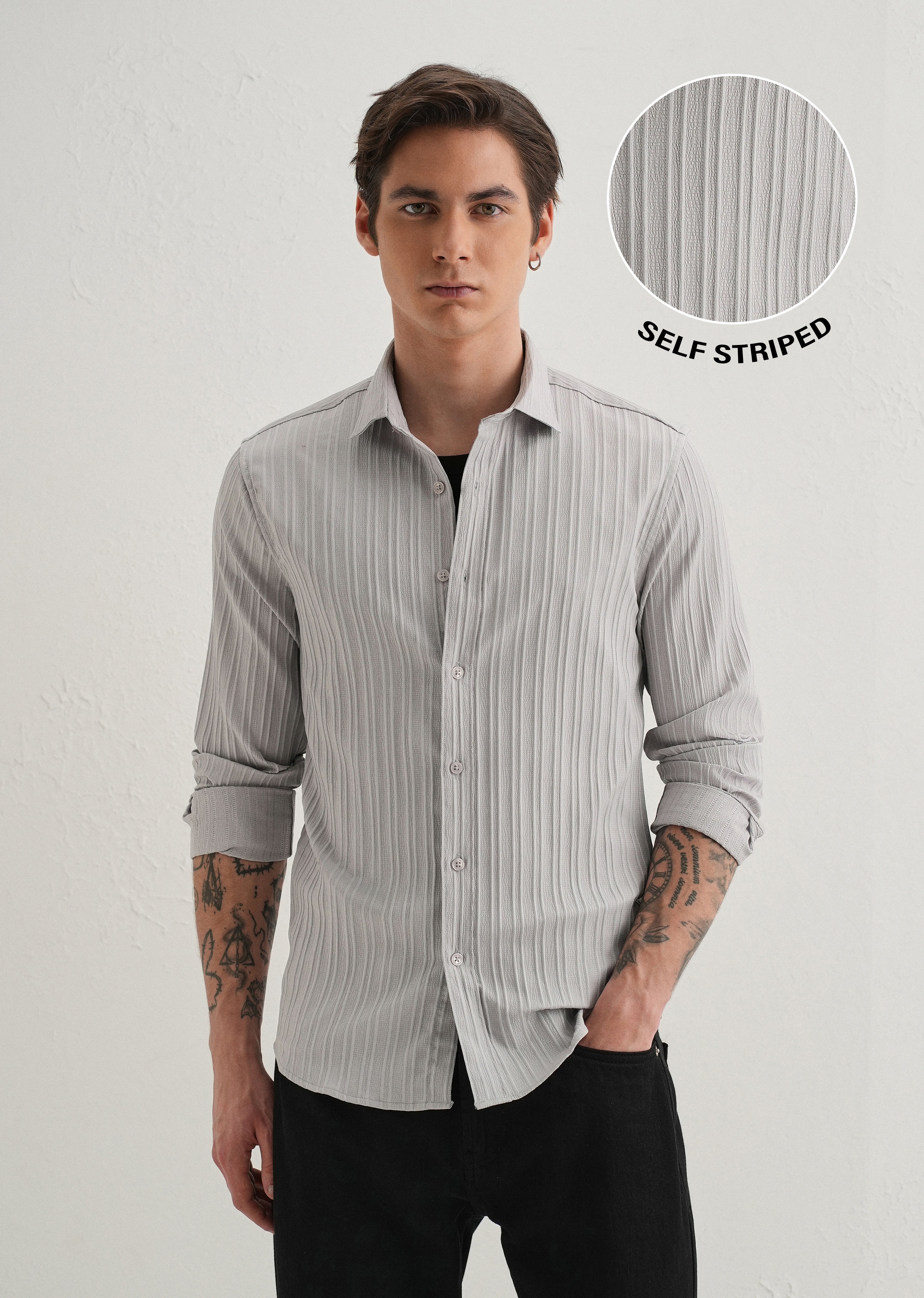 Light Grey Plain Self Striped Shirt