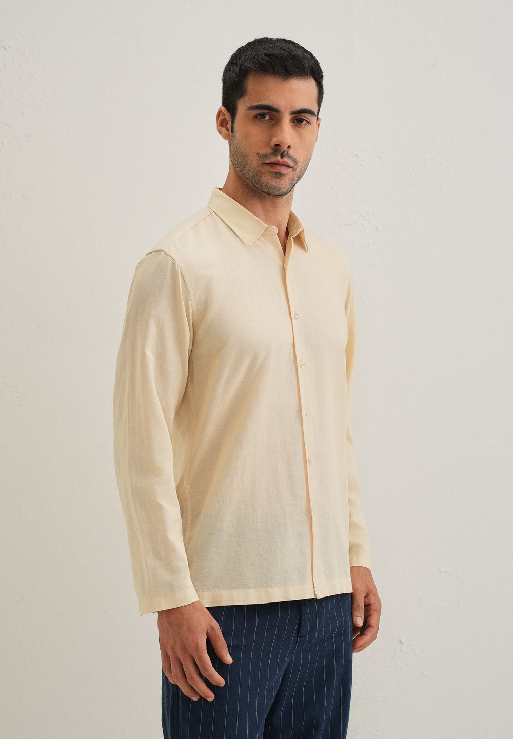 Light Ivory Hidden Sleeve Placket Cotton Linen Shirt