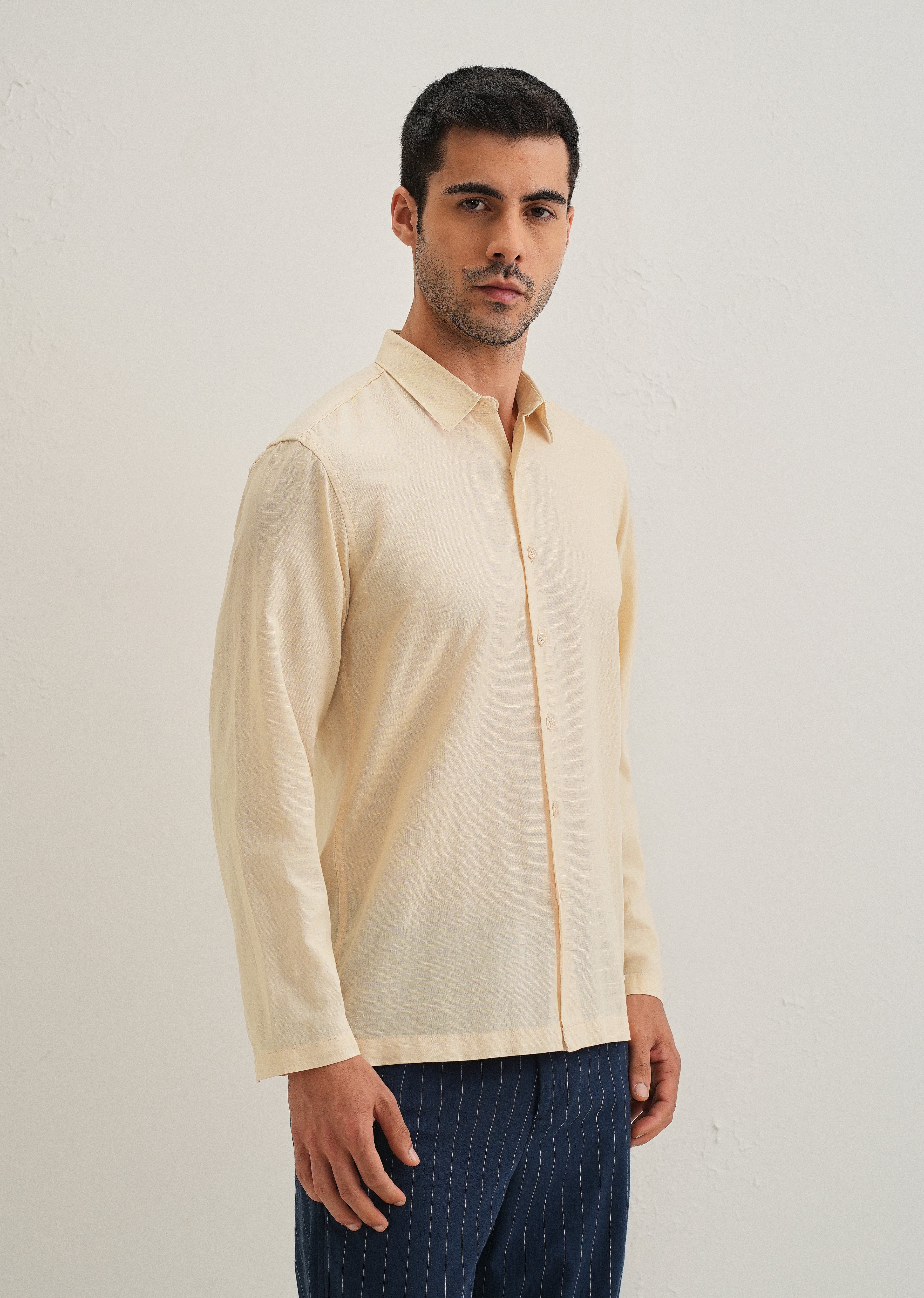 Light Ivory Hidden Sleeve Placket Cotton Linen Shirt