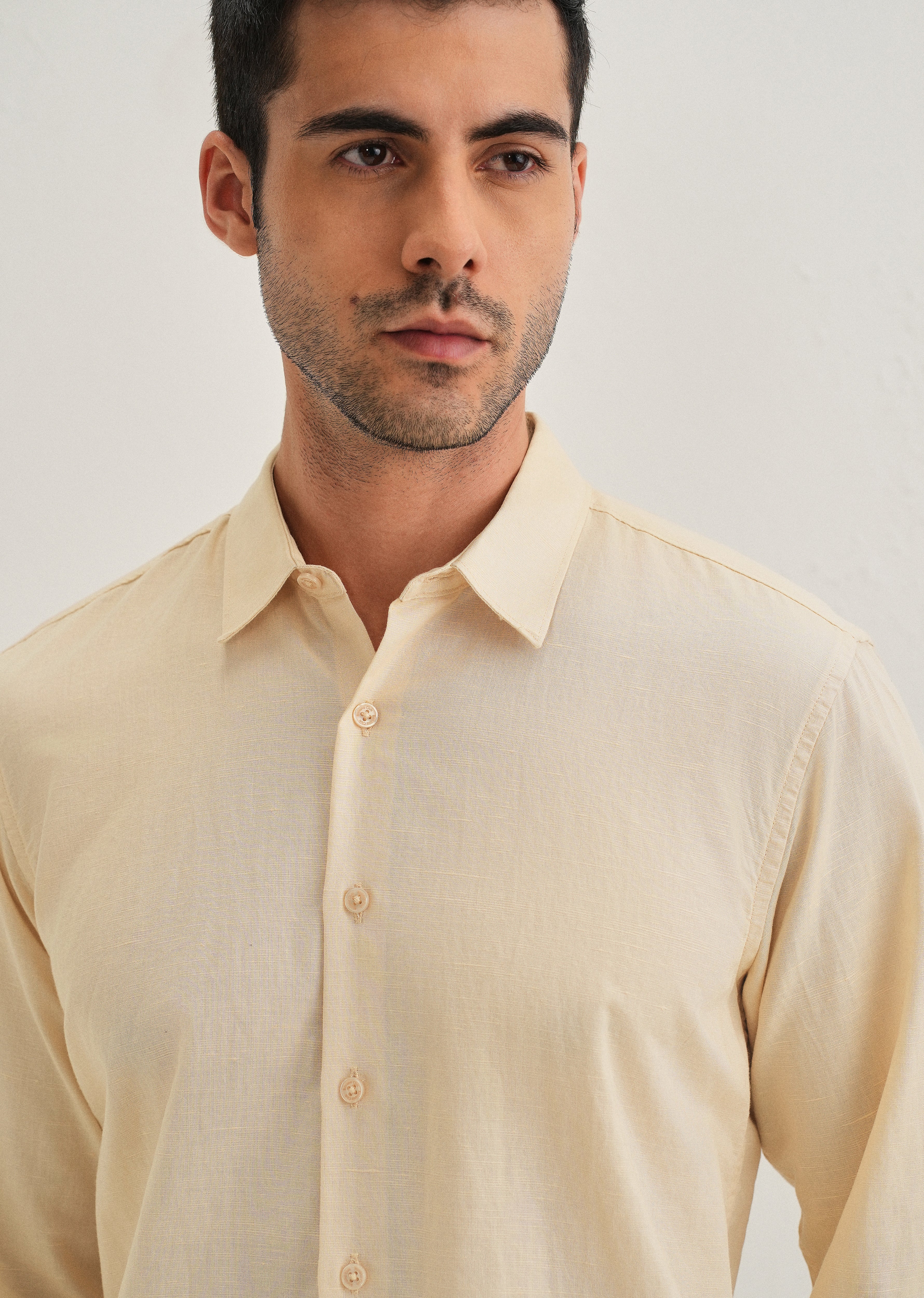 Light Ivory Hidden Sleeve Placket Cotton Linen Shirt