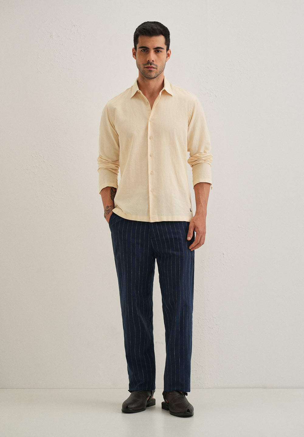 Light Ivory Hidden Sleeve Placket Cotton Linen Shirt