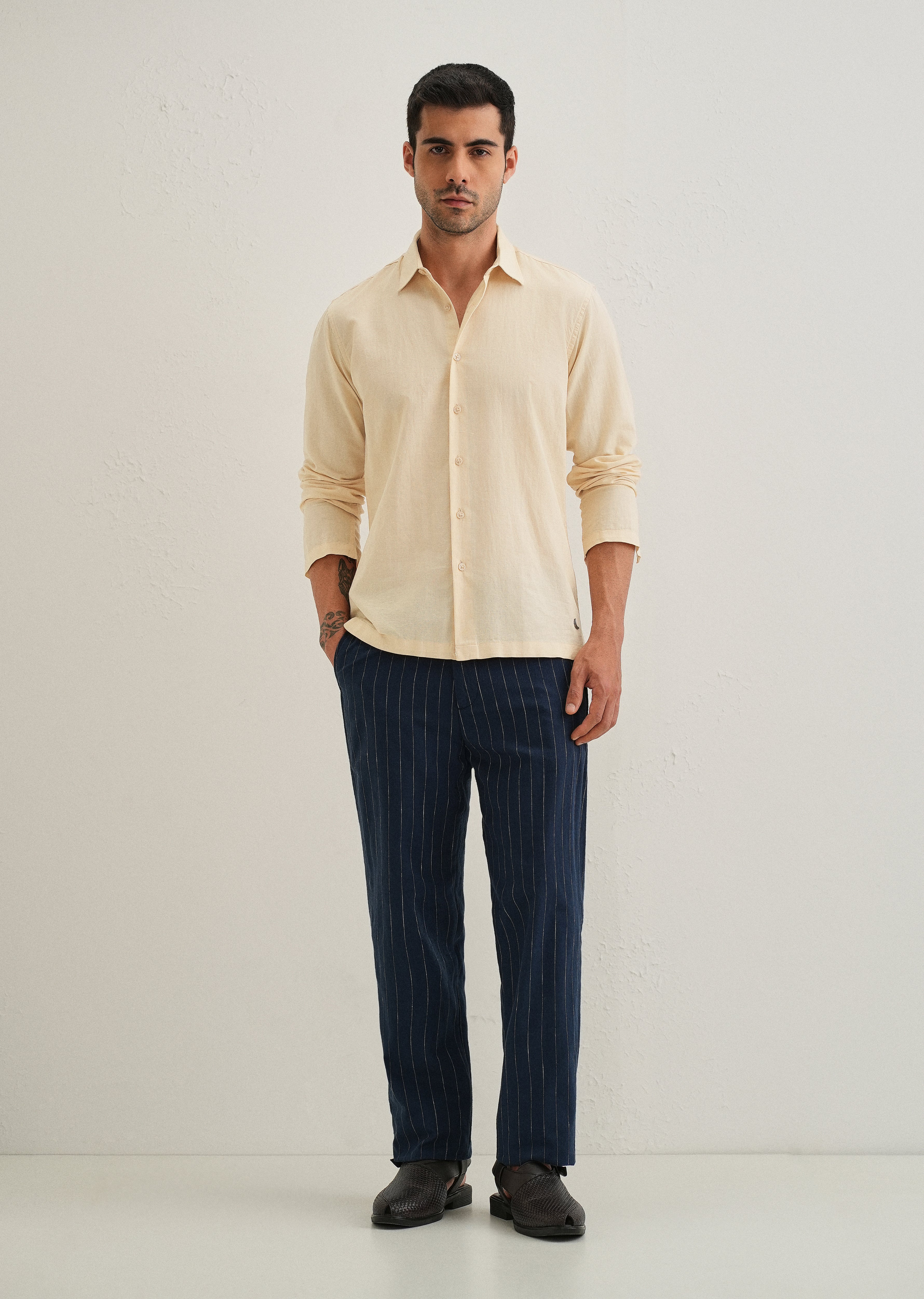 Light Ivory Hidden Sleeve Placket Cotton Linen Shirt
