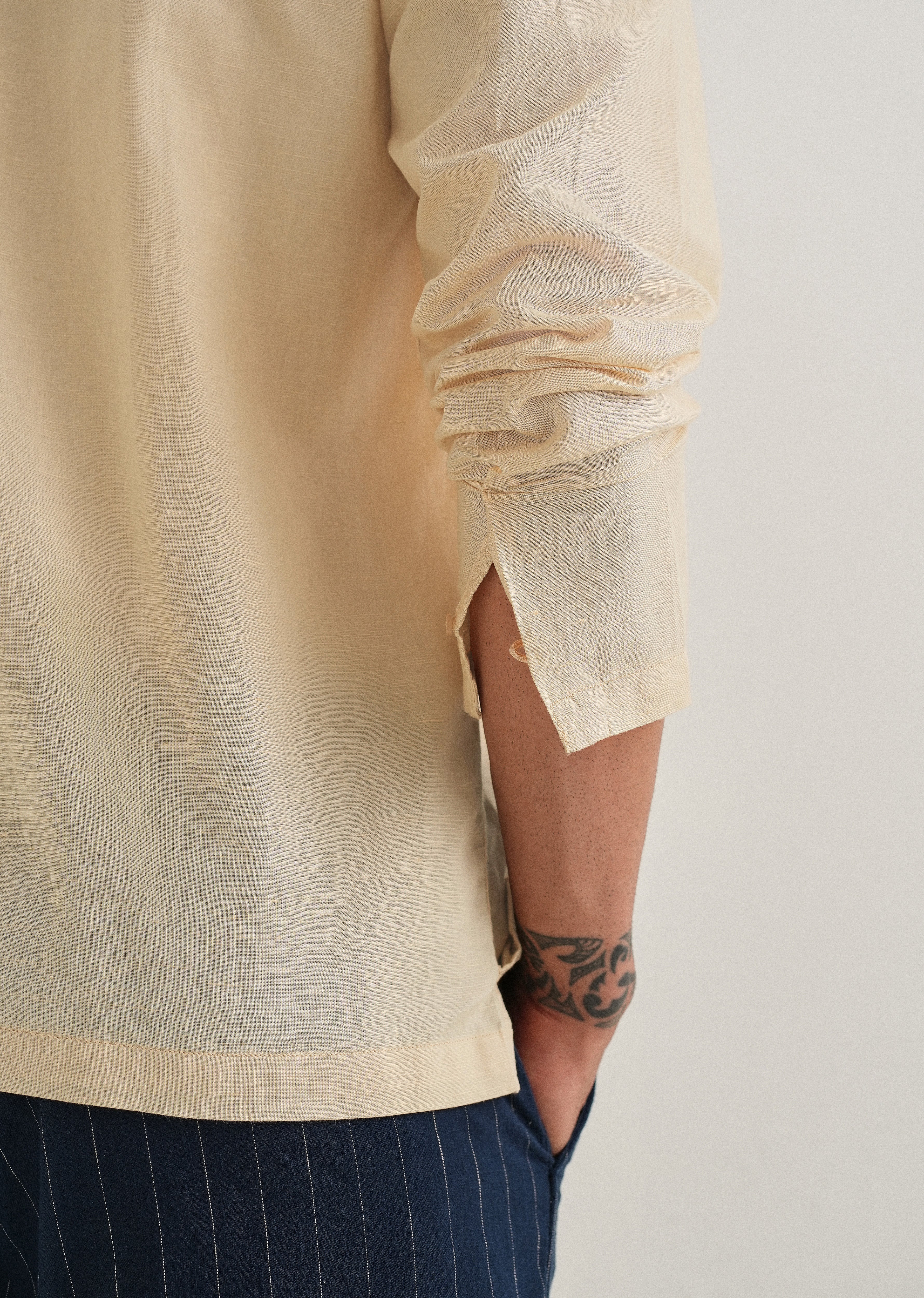 Light Ivory Hidden Sleeve Placket Cotton Linen Shirt