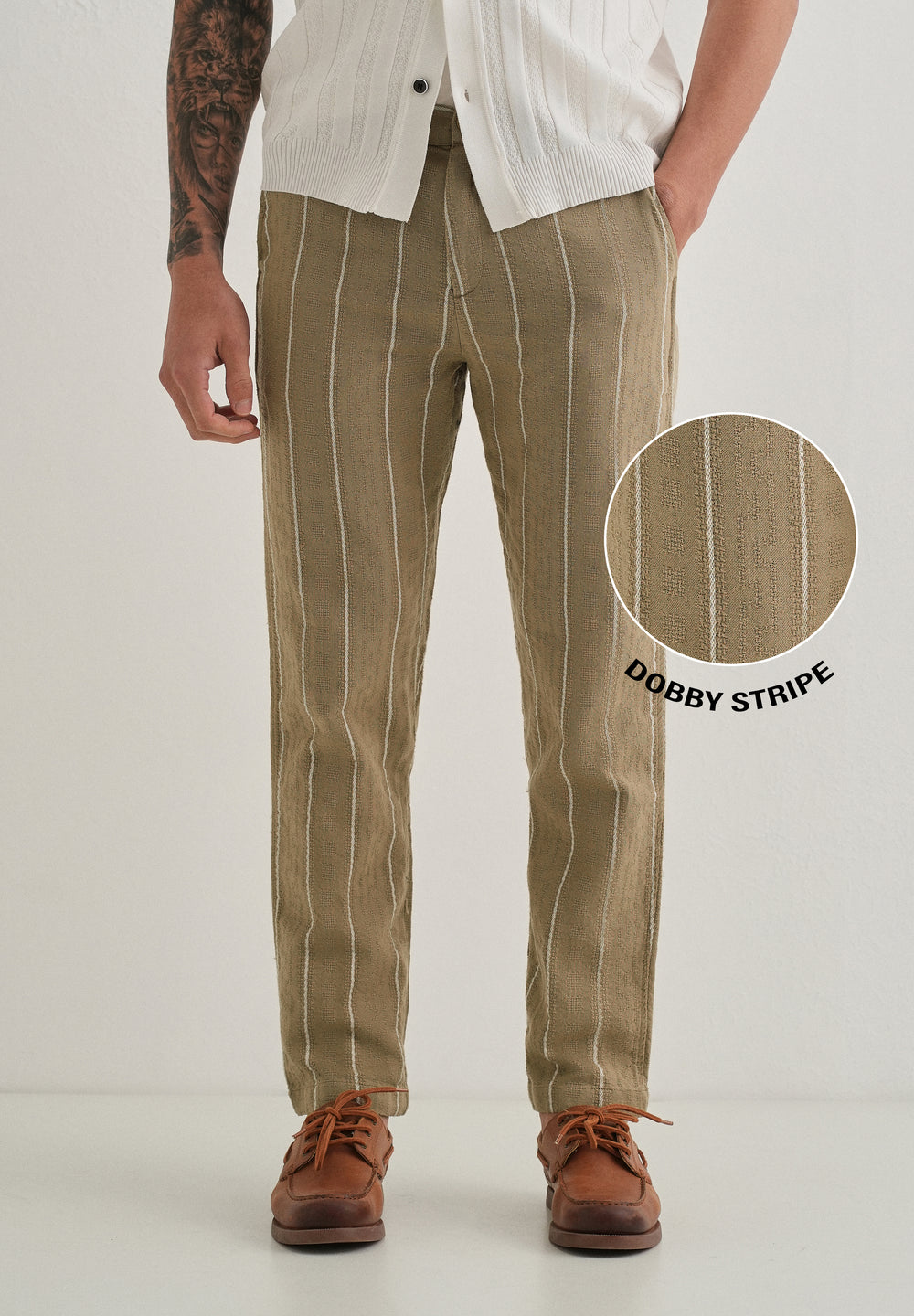 Light Khaki Dobby Cotton Stripe Pants