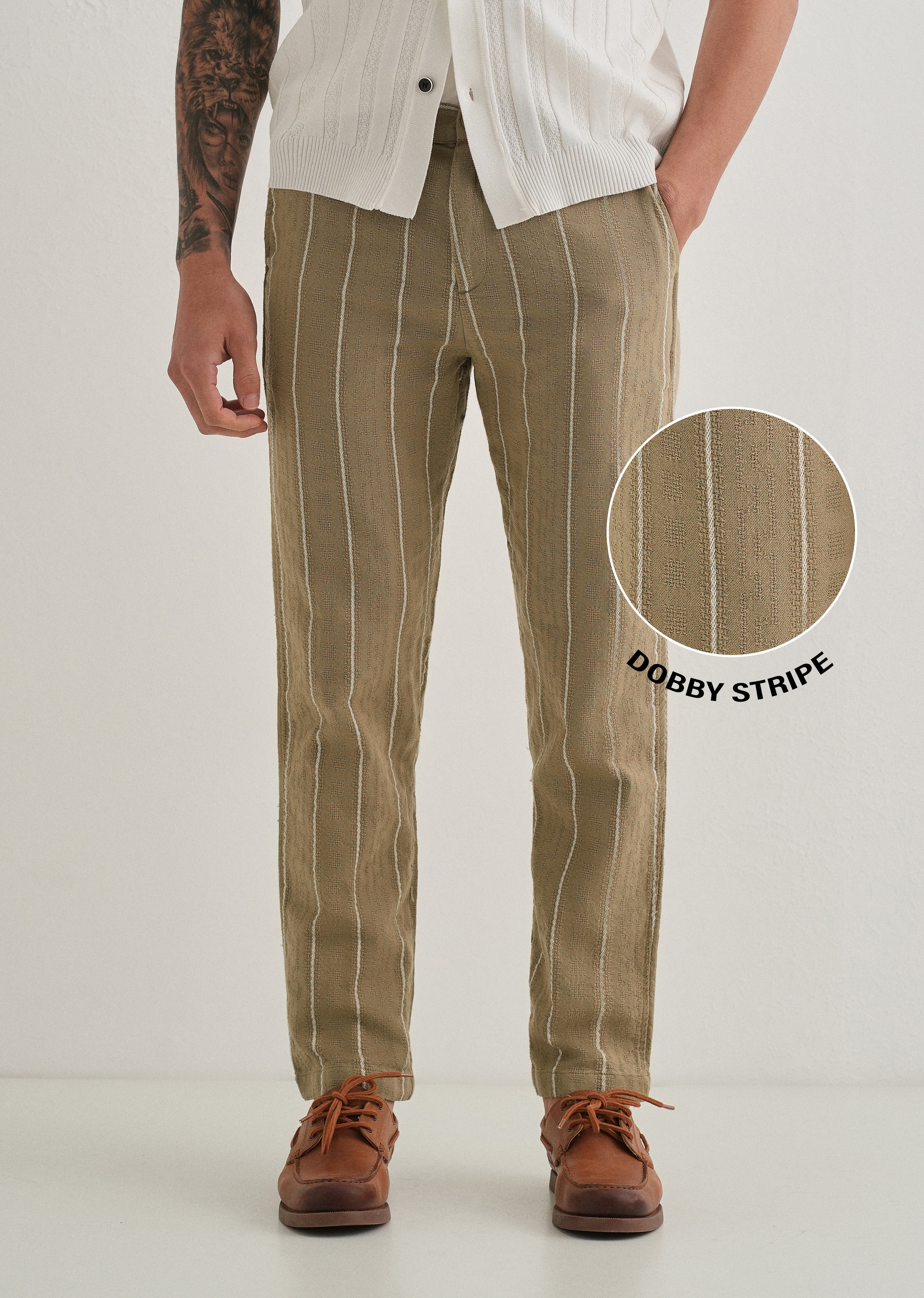 Light Khaki Dobby Cotton Stripe Pants