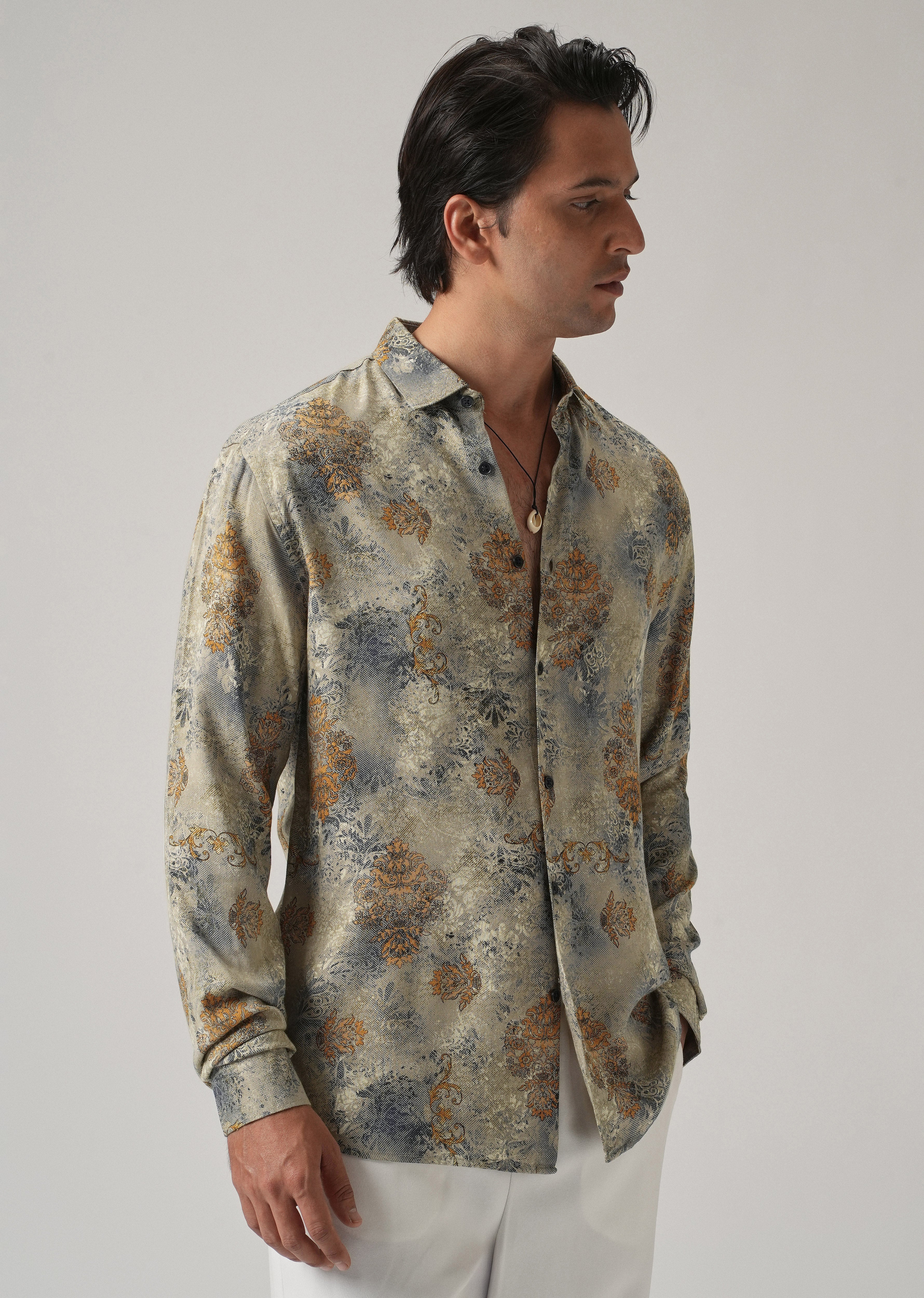 Light Olive Floral Print Feather Shirt