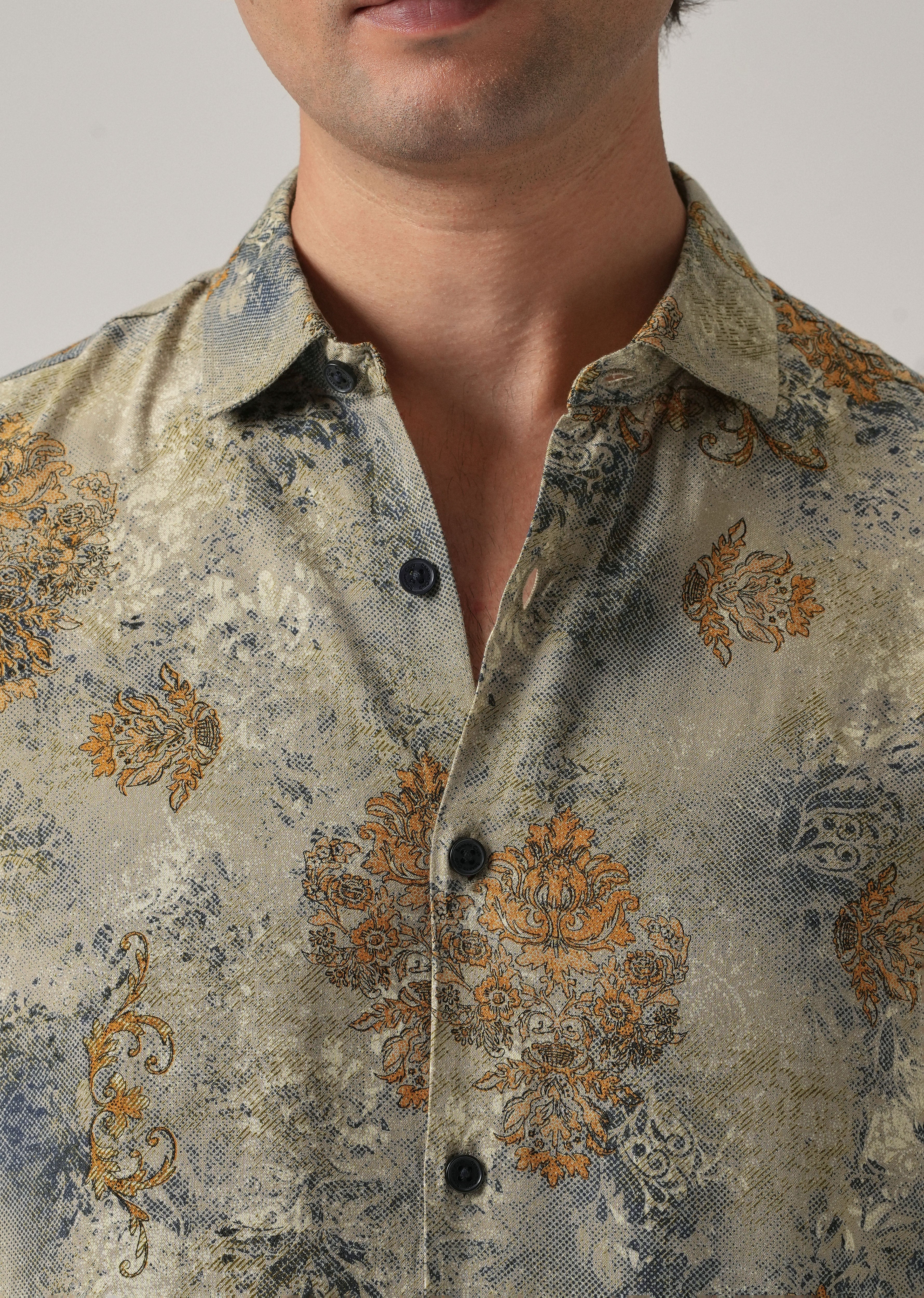 Light Olive Floral Print Feather Shirt