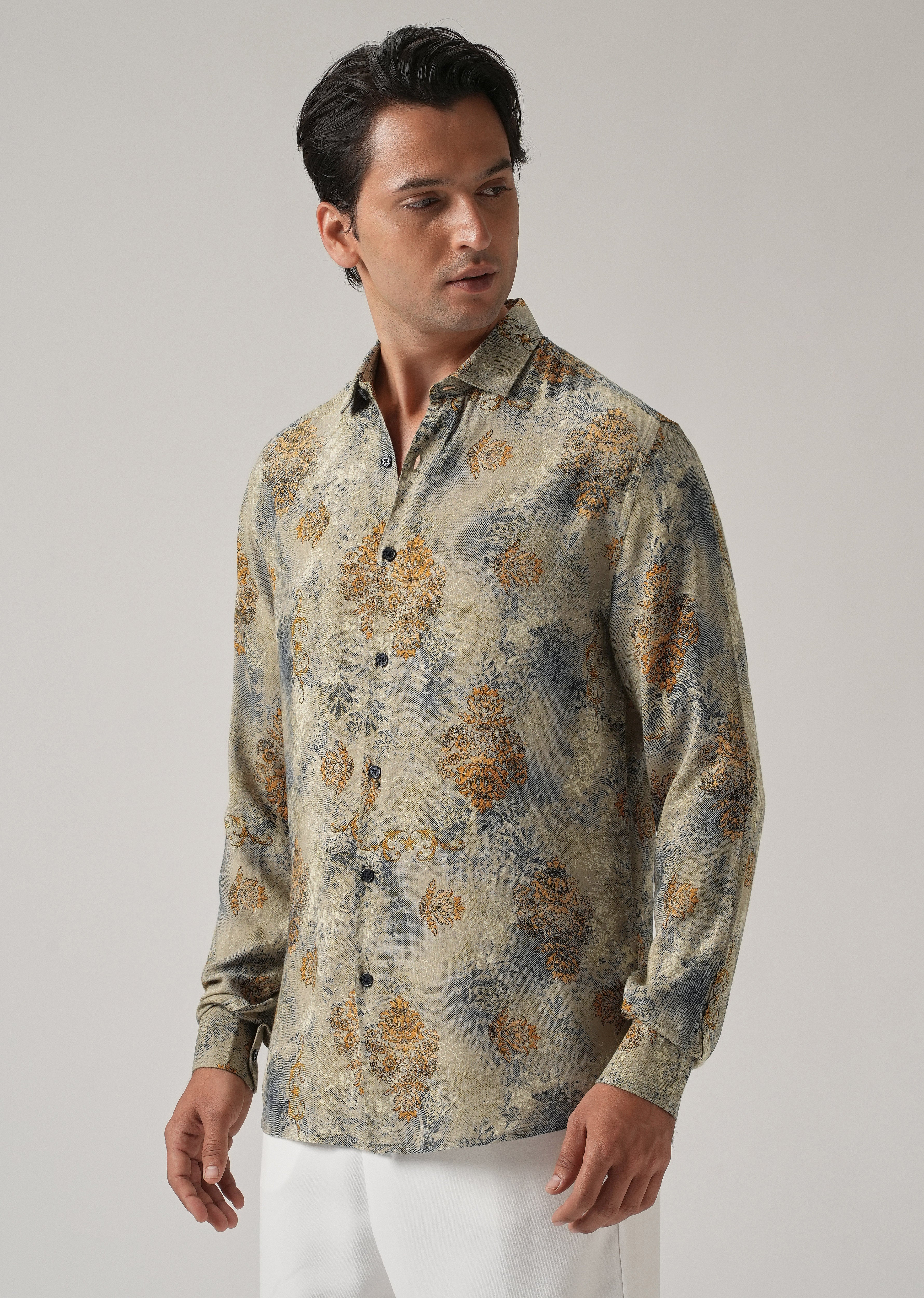 Light Olive Floral Print Feather Shirt