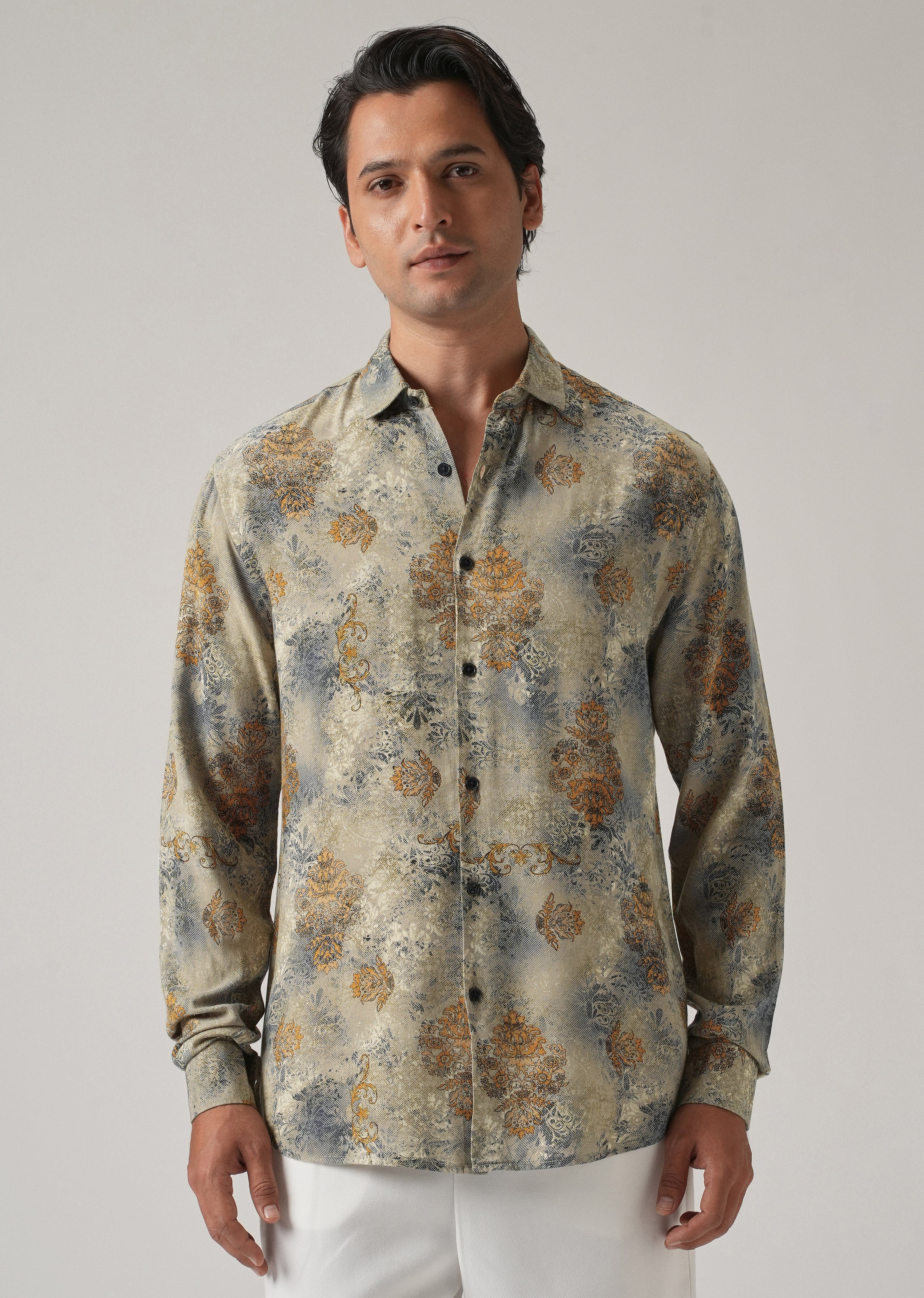 Light Olive Floral Print Feather Shirt