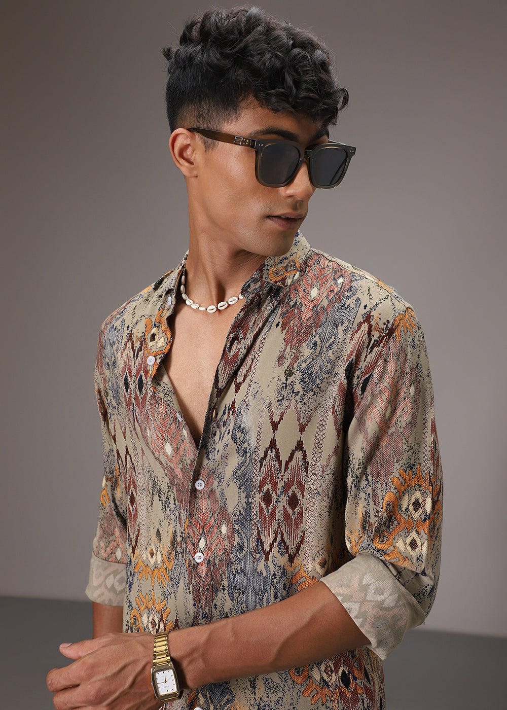 Light Olive Printed Feather Shirt
