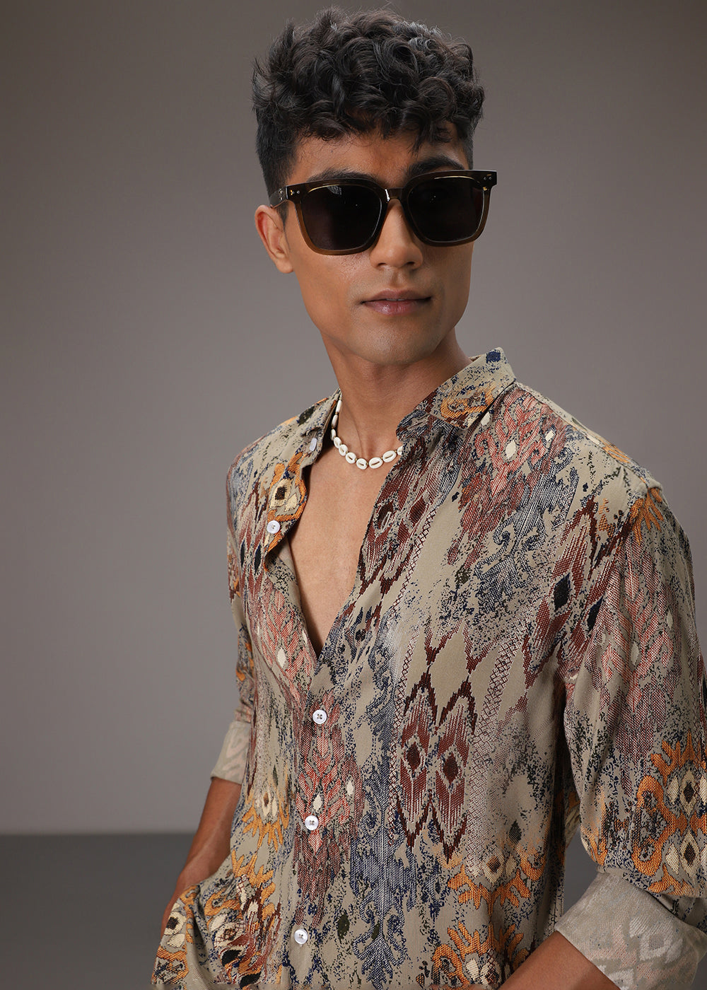 Light Olive Printed Feather Shirt
