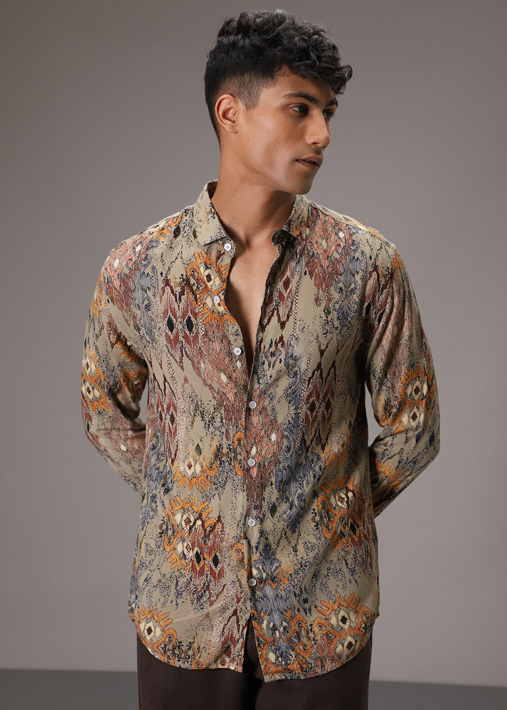 Light Olive Printed Feather Shirt