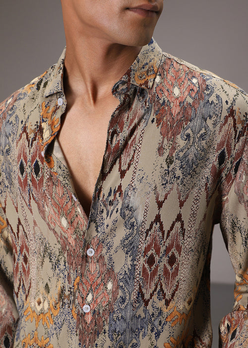 Light Olive Printed Feather Shirt