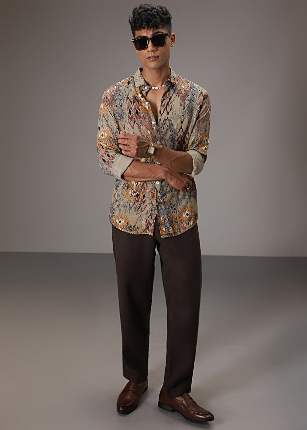 Light Olive Printed Feather Shirt