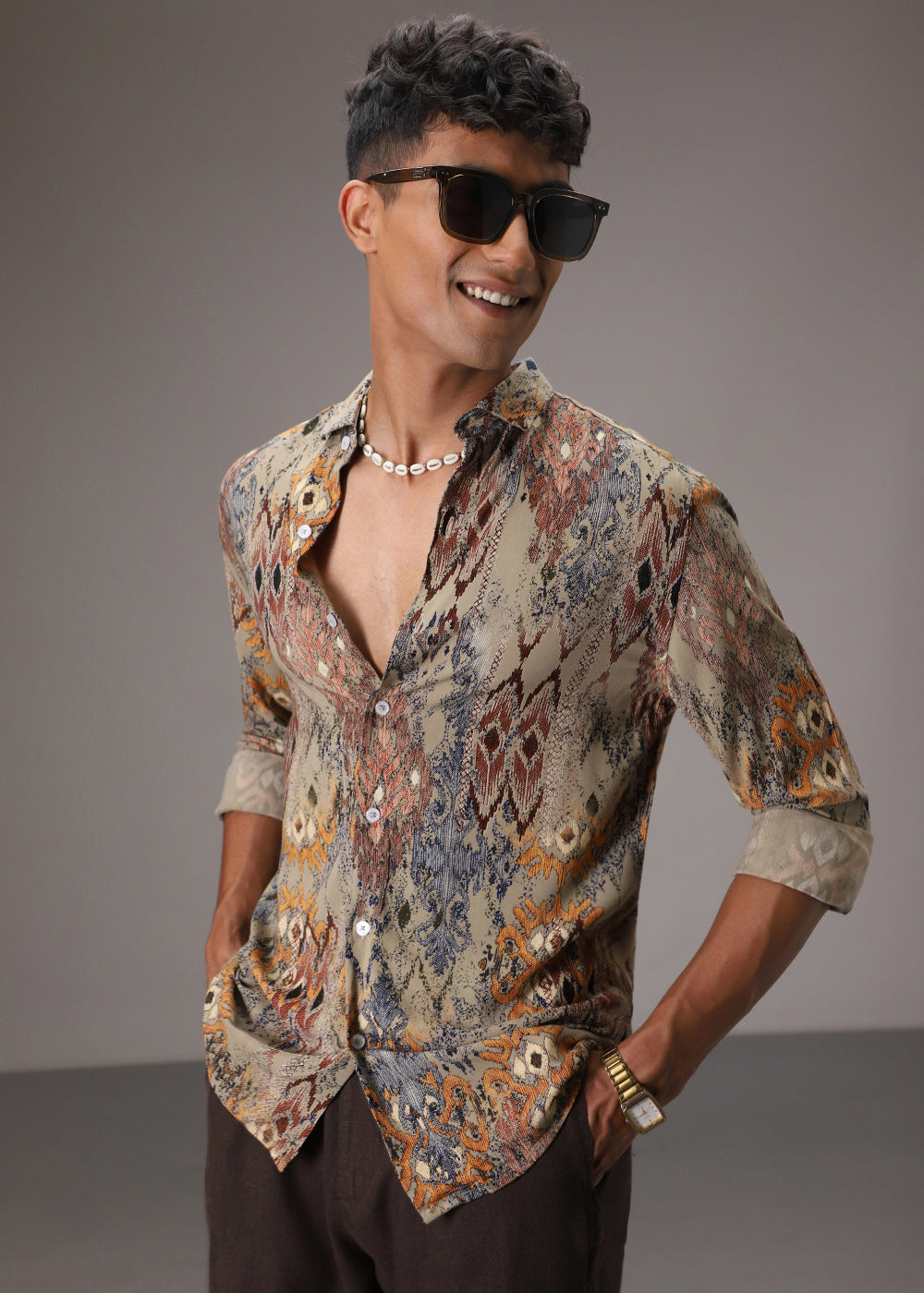 Light Olive Printed Feather Shirt