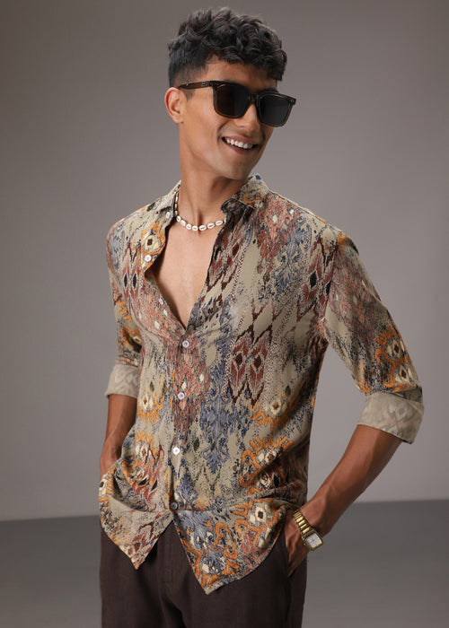 Light Olive Printed Feather Shirt