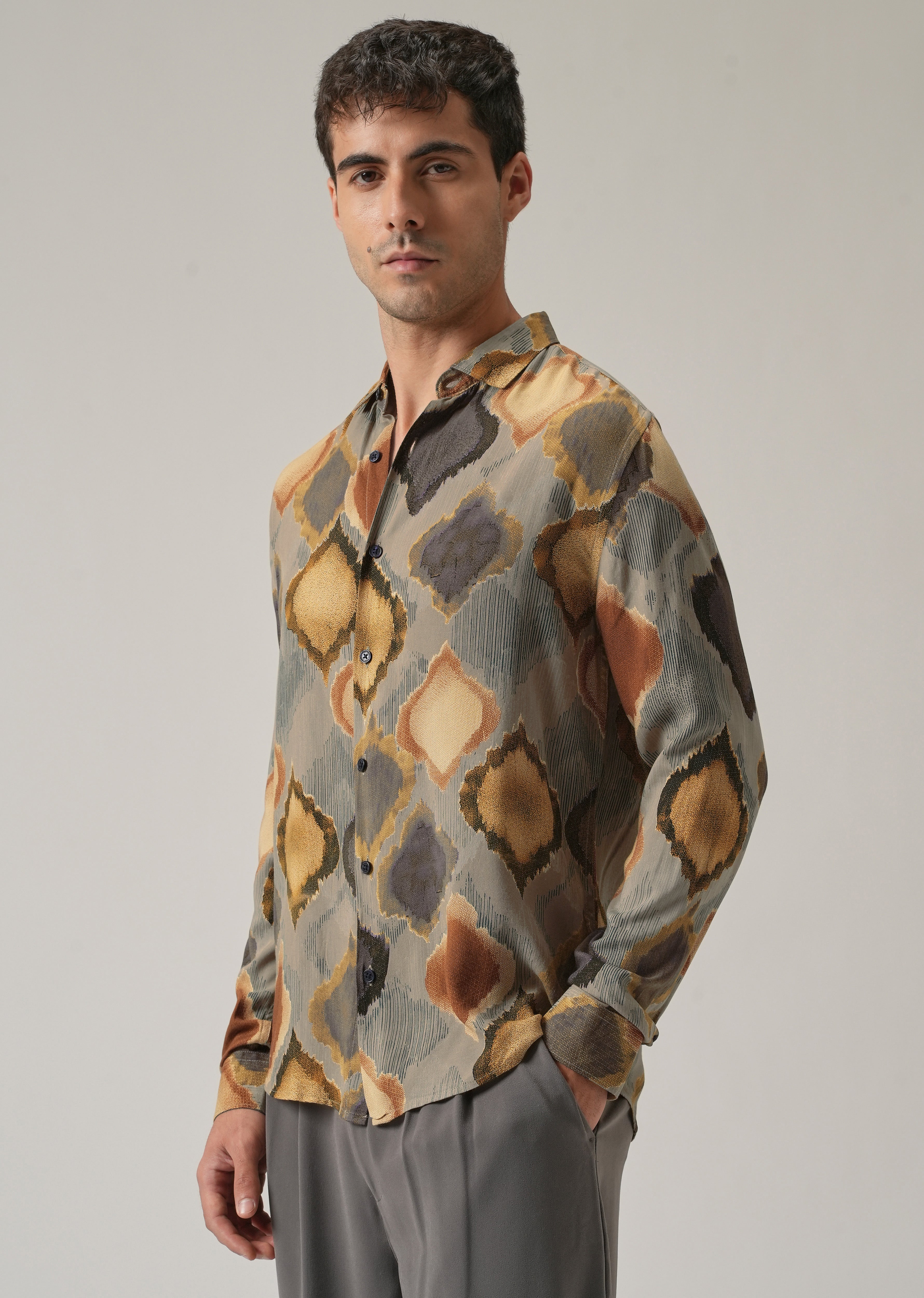 Light Olive Rustic Print Feather Shirt