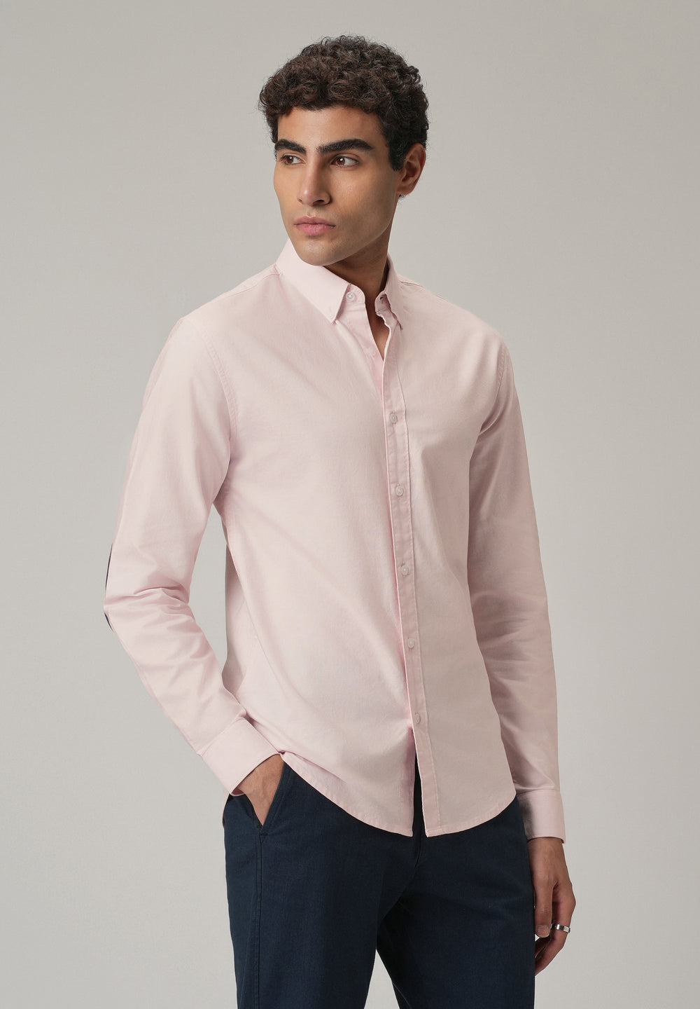 Light Pink Plain Elbow Patch Oxford Shirt
