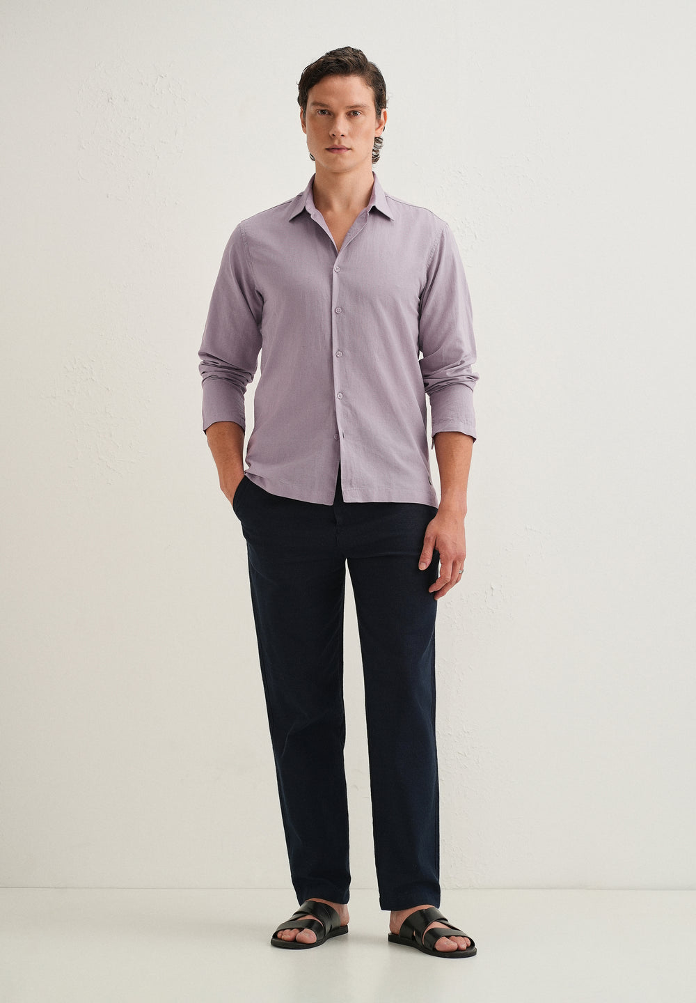 Light Purple Hidden Sleeve Placket Cotton Linen Shirt
