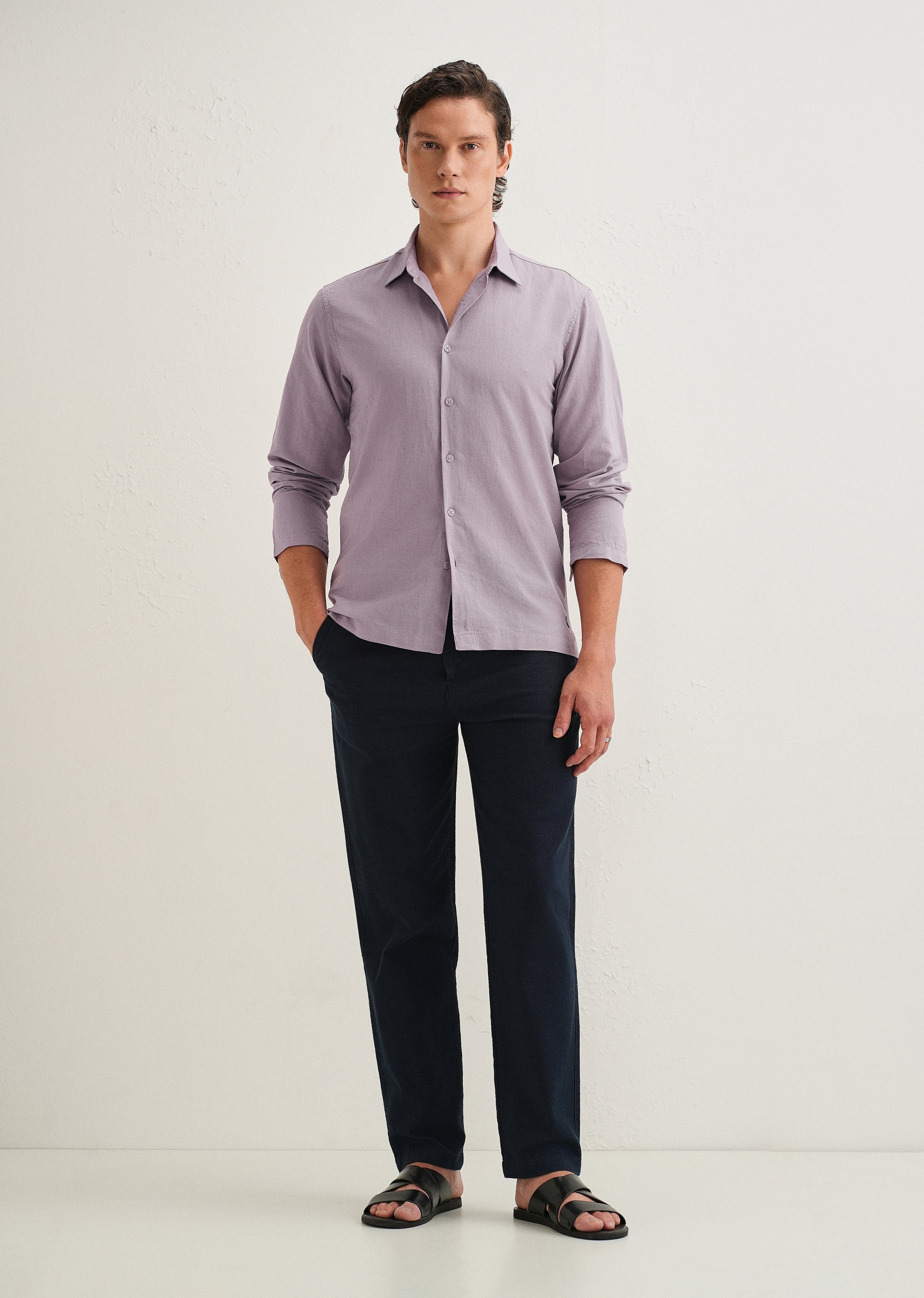 Light Purple Hidden Sleeve Placket Cotton Linen Shirt