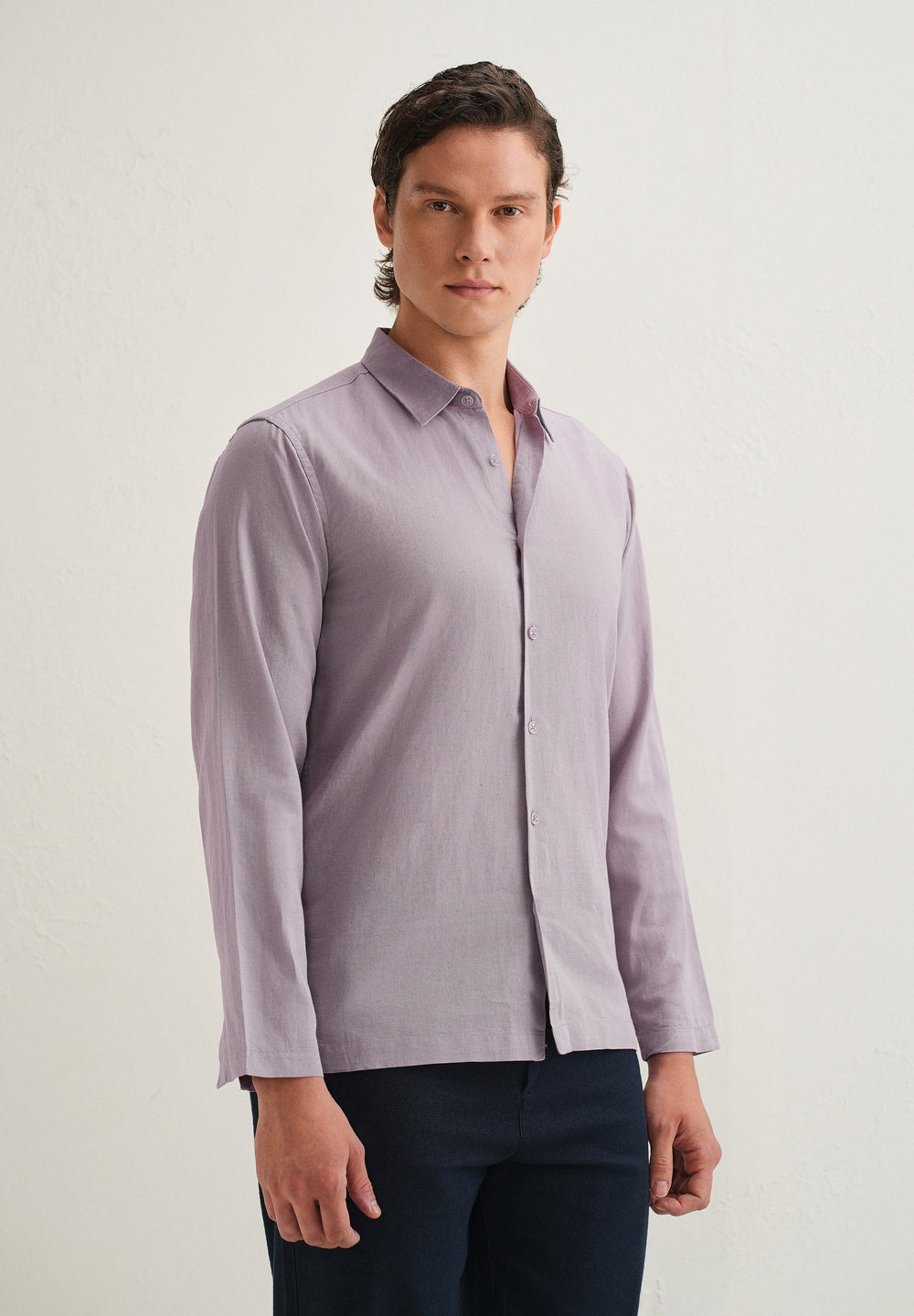 Light Purple Hidden Sleeve Placket Cotton Linen Shirt