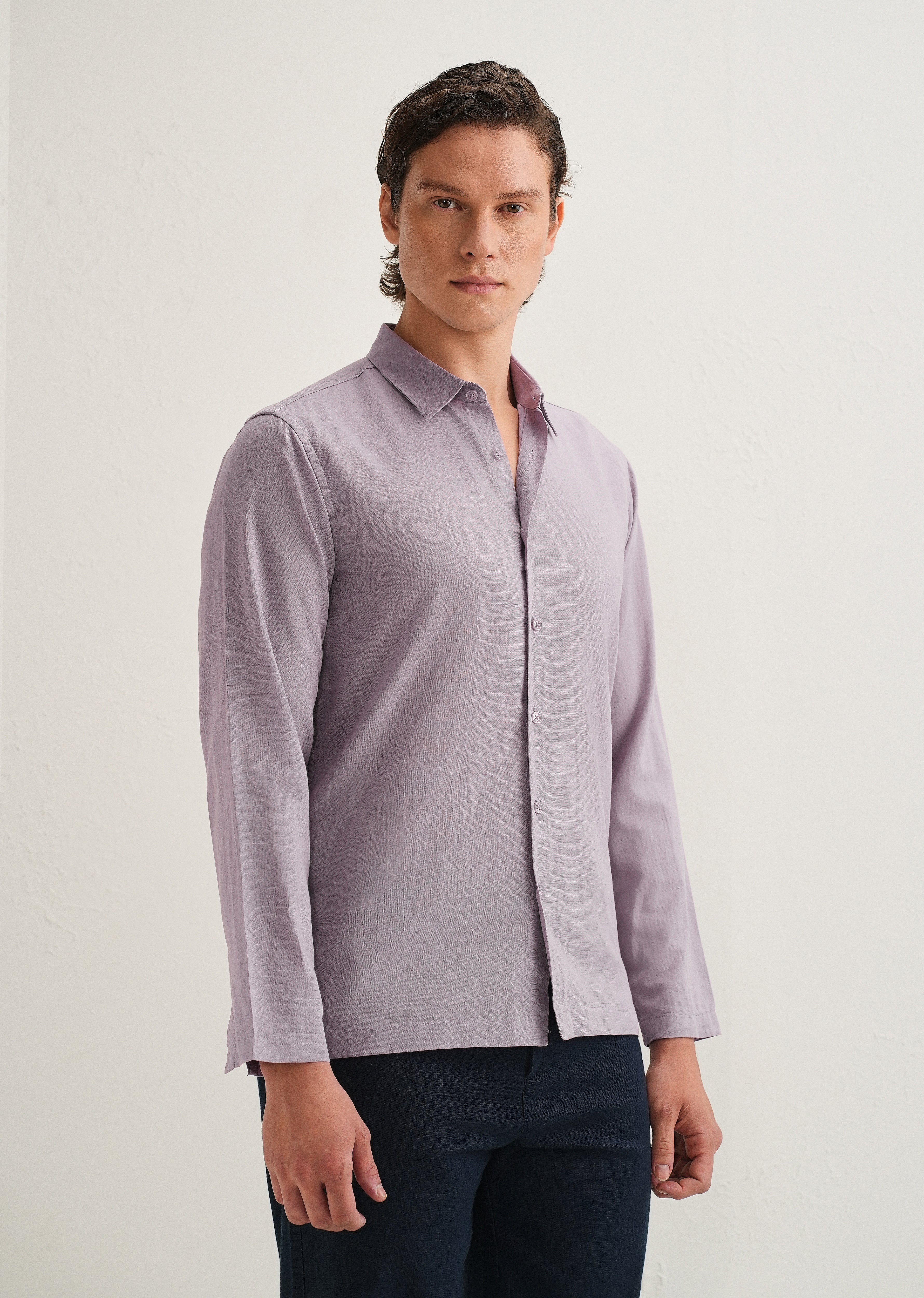 Light Purple Hidden Sleeve Placket Cotton Linen Shirt
