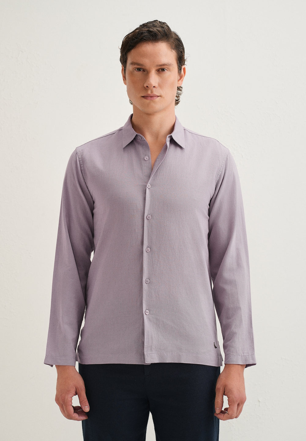 Light Purple Hidden Sleeve Placket Cotton Linen Shirt