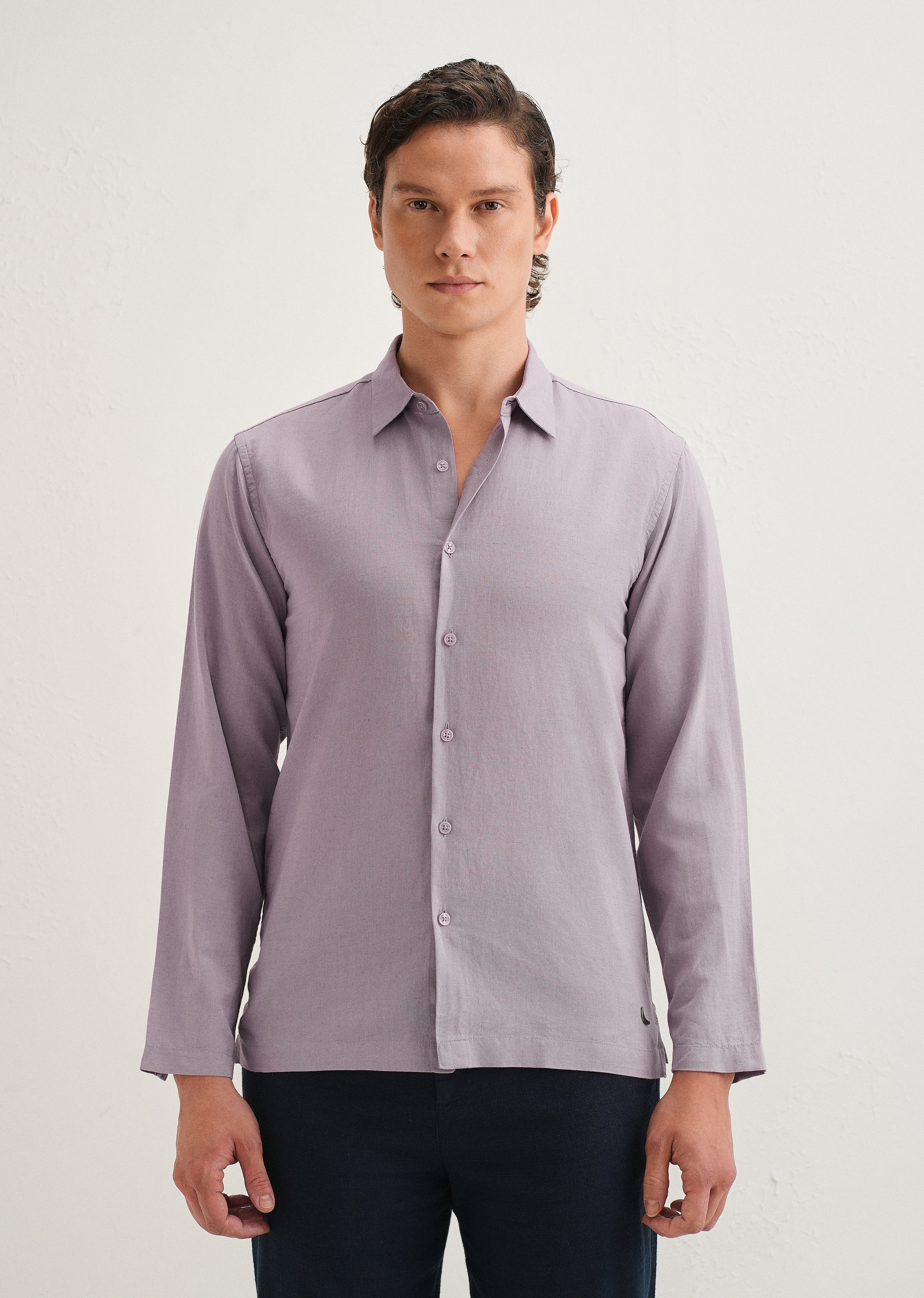 Light Purple Hidden Sleeve Placket Cotton Linen Shirt