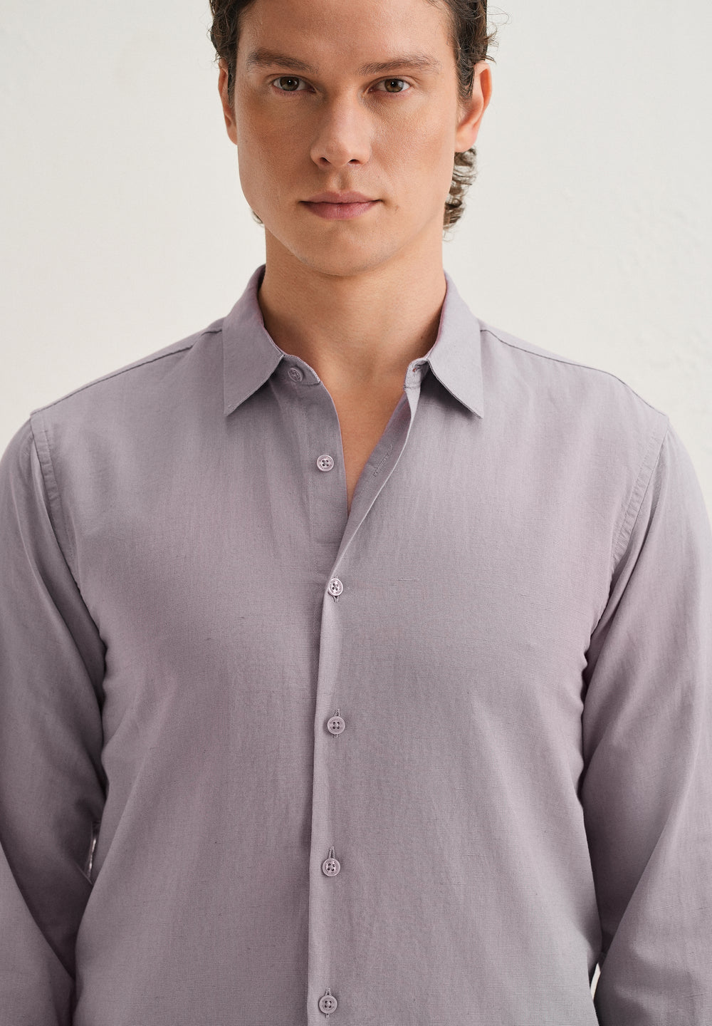 Light Purple Hidden Sleeve Placket Cotton Linen Shirt