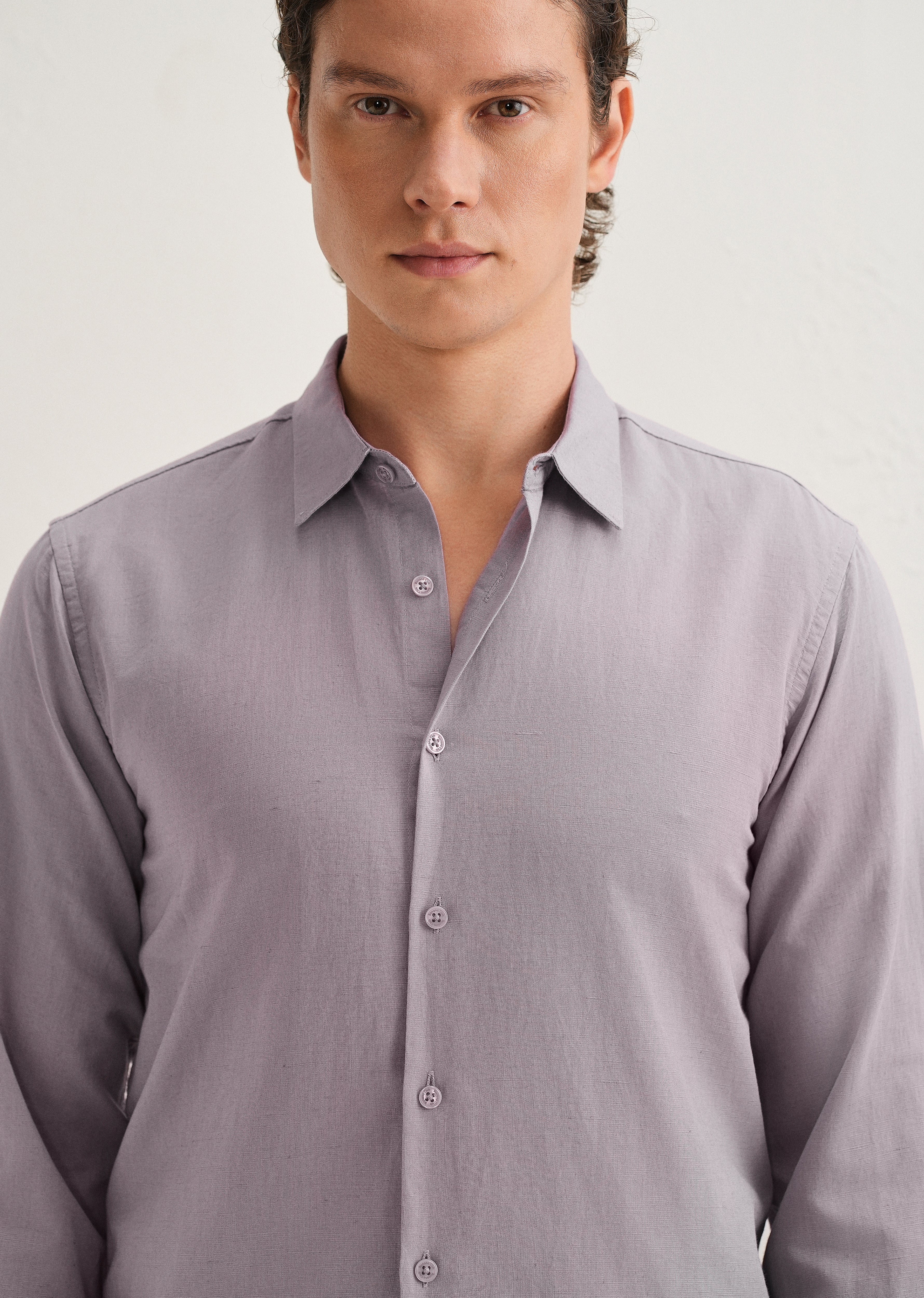 Light Purple Hidden Sleeve Placket Cotton Linen Shirt