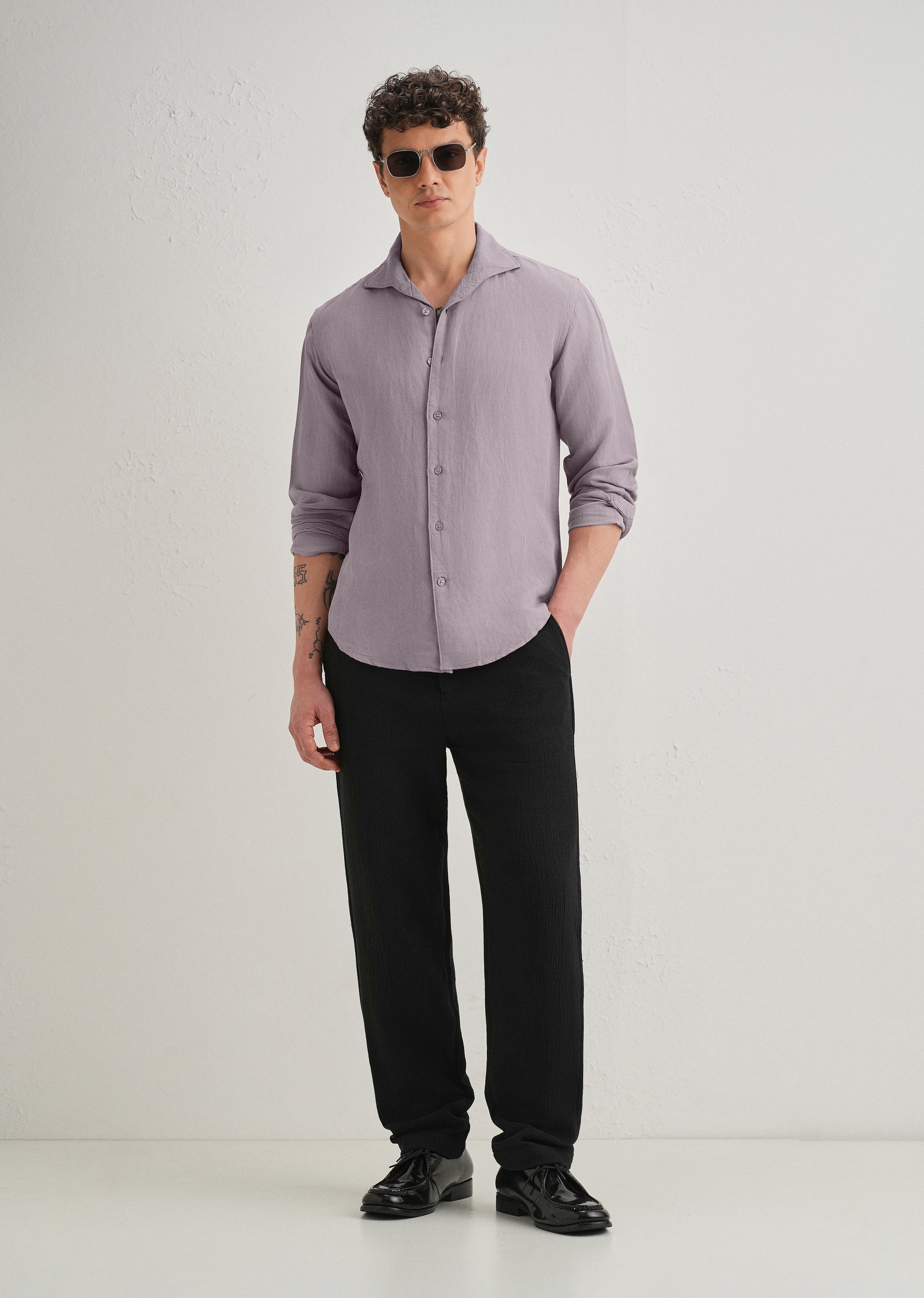 Light Purple Plain Linen Viscose Shirt