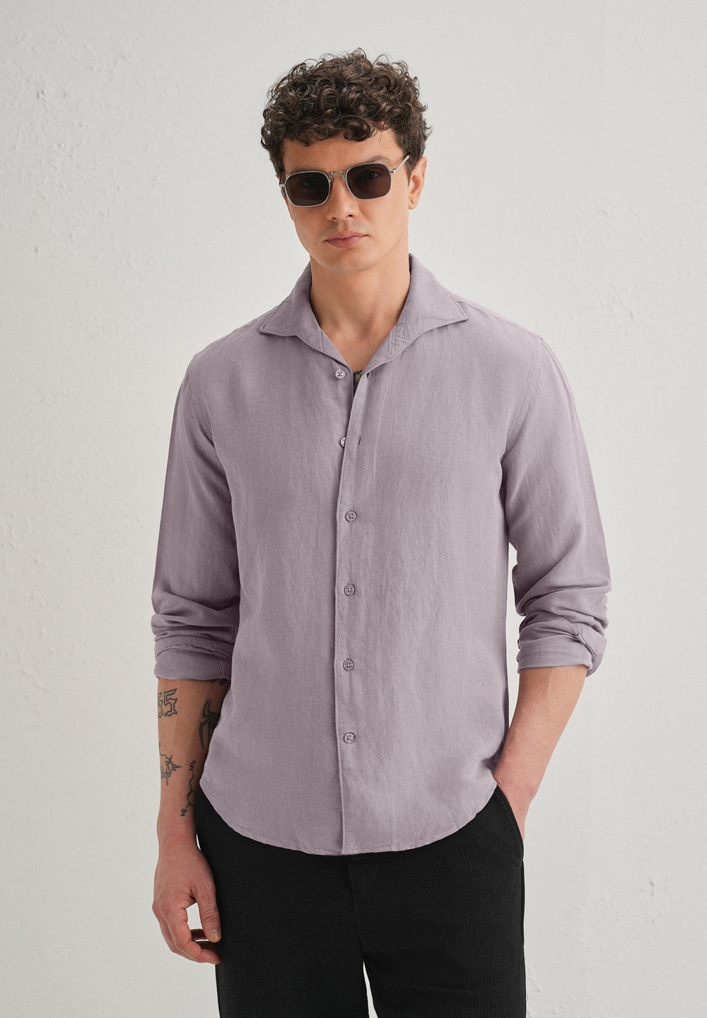Light Purple Plain Linen Viscose Shirt