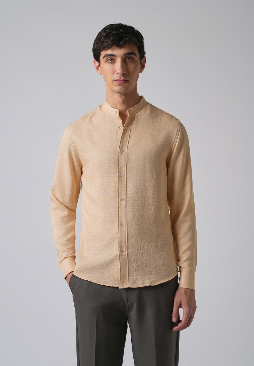 Light Tan Plain Mandarin Collar Shirt