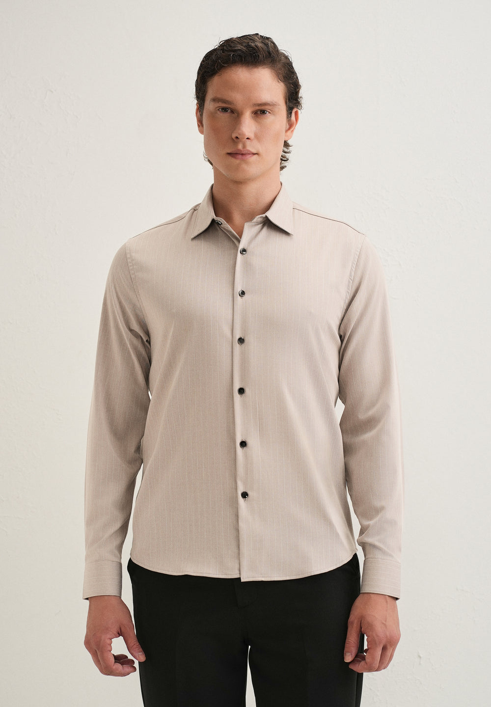 Light Taupe Pin Striped Wrinkle Free Shirt