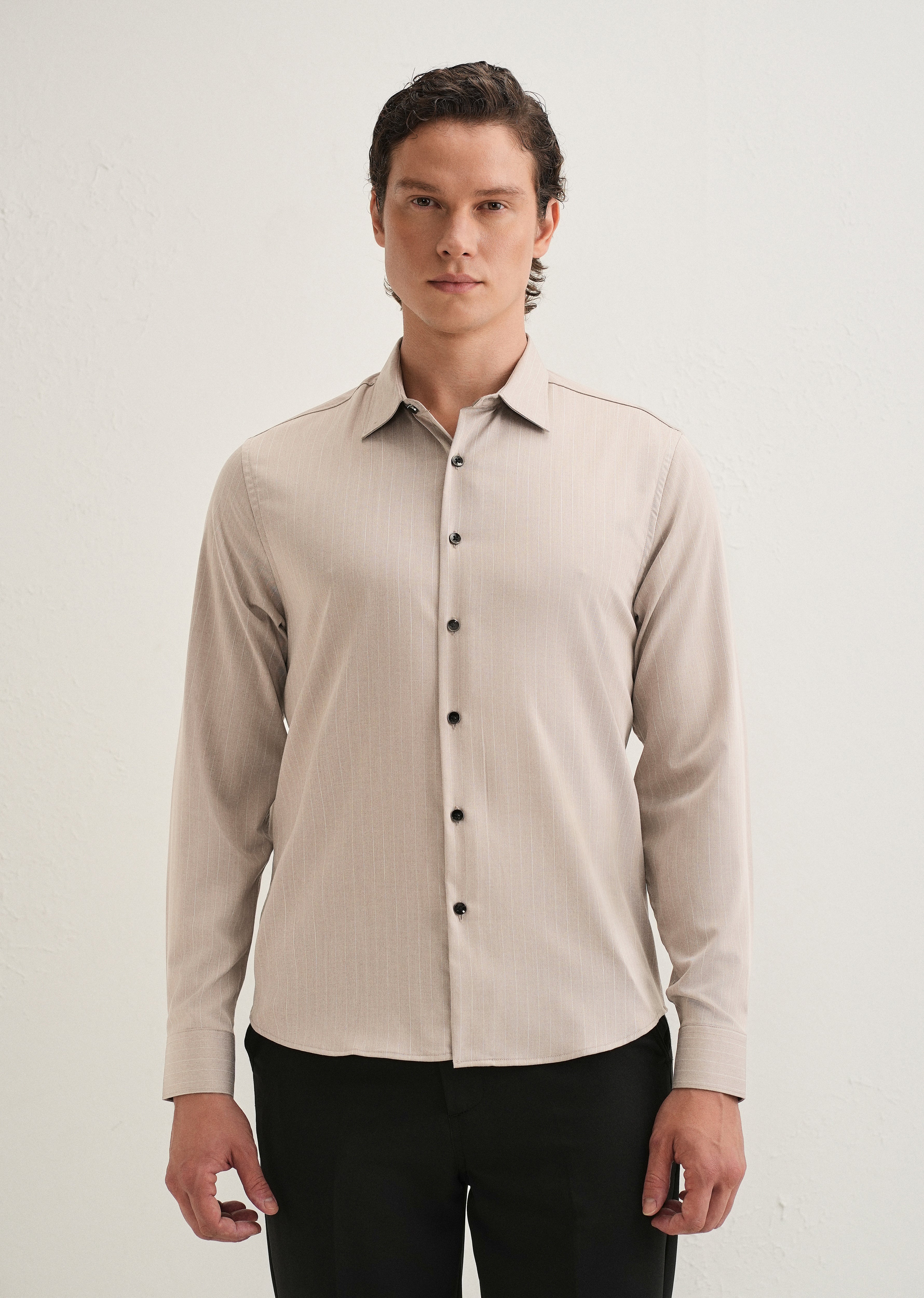 Light Taupe Pin Striped Wrinkle Free Shirt