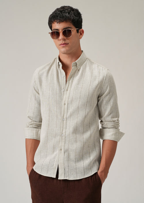 Light Taupe Stripe Blended Linen Shirt