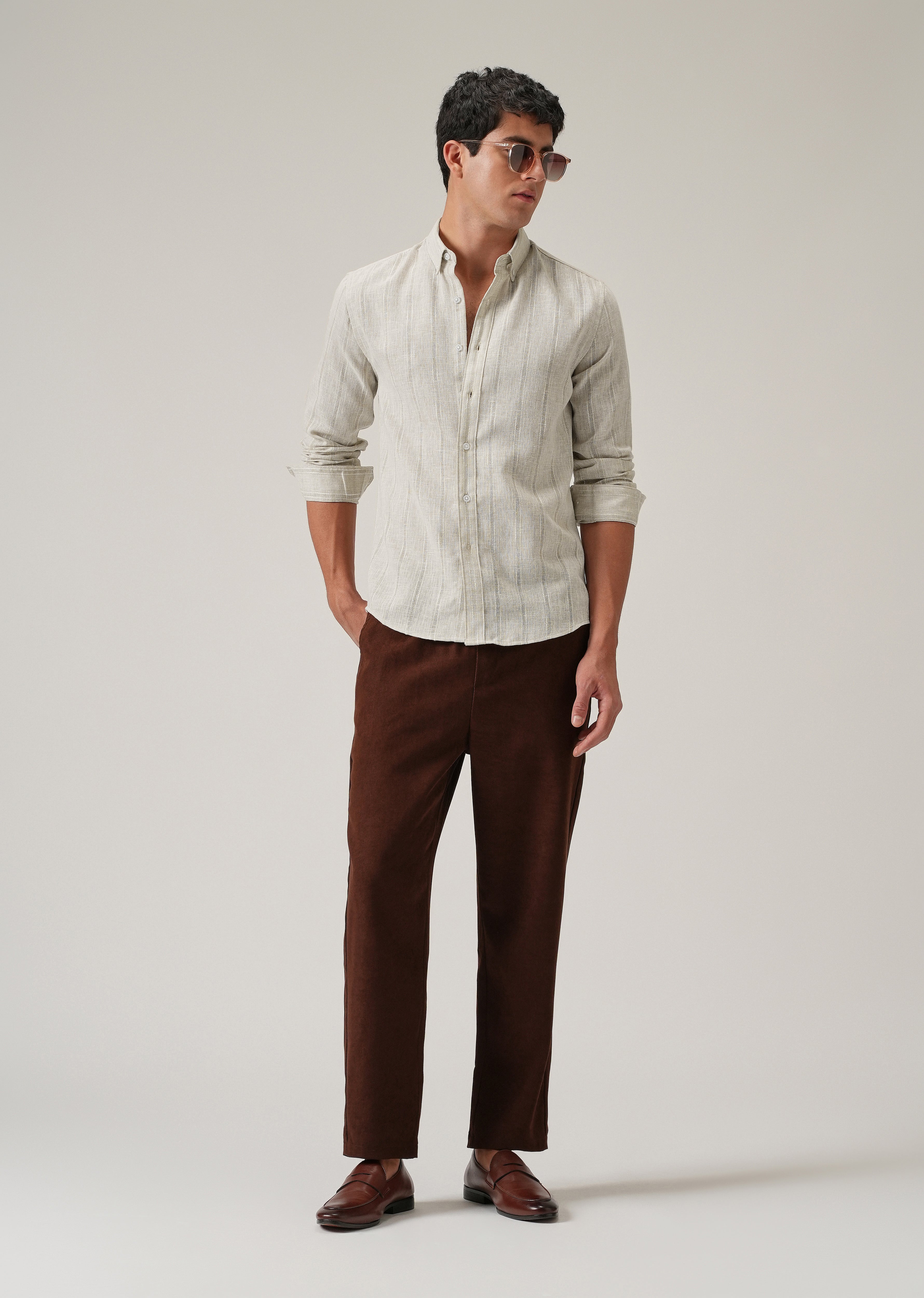 Light Taupe Stripe Blended Linen Shirt