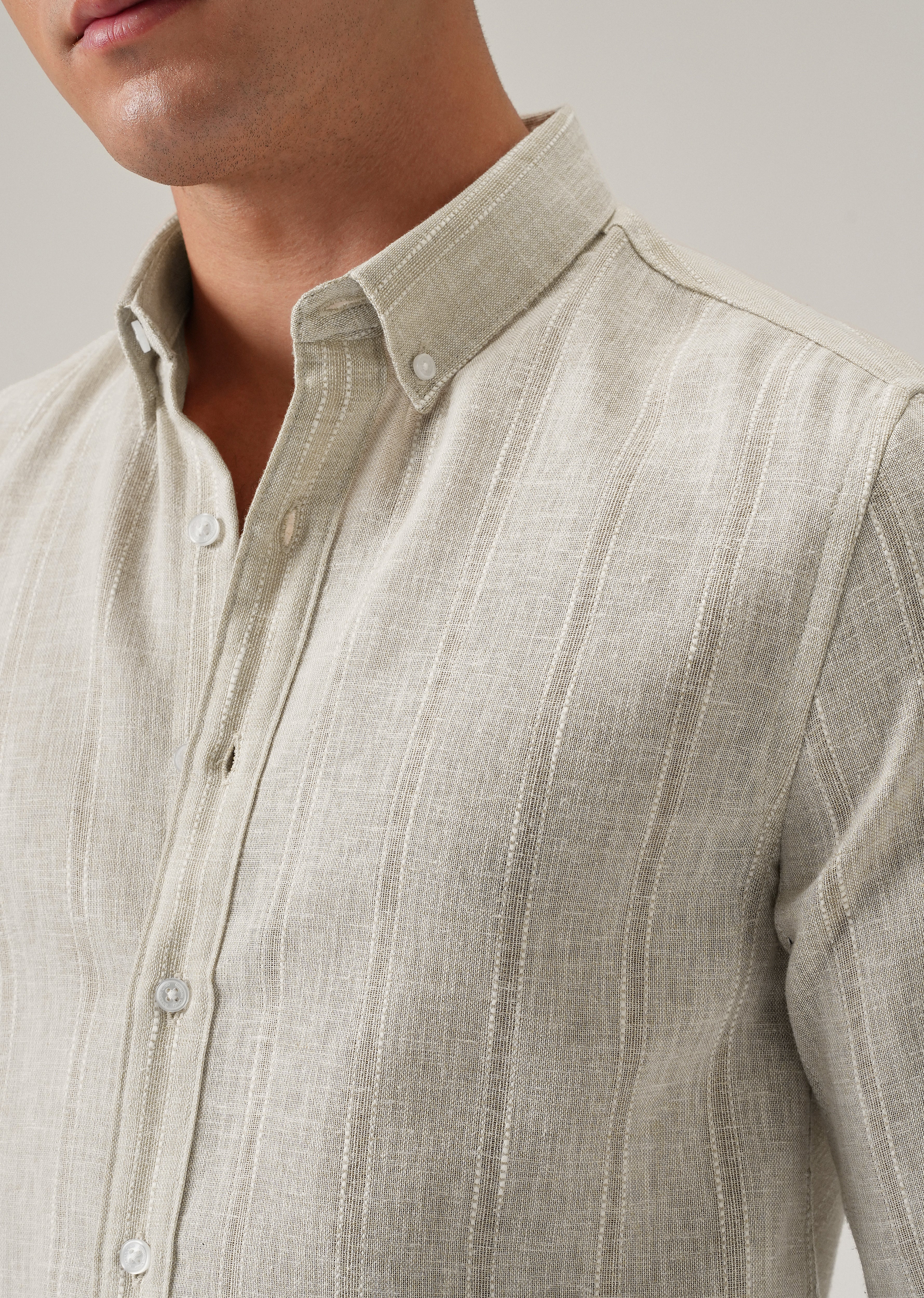 Light Taupe Stripe Blended Linen Shirt