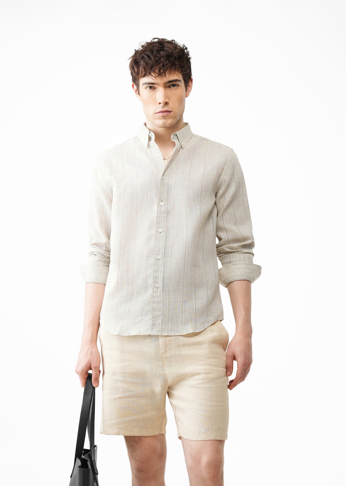 Light Taupe Striped Linen Blend Shirt