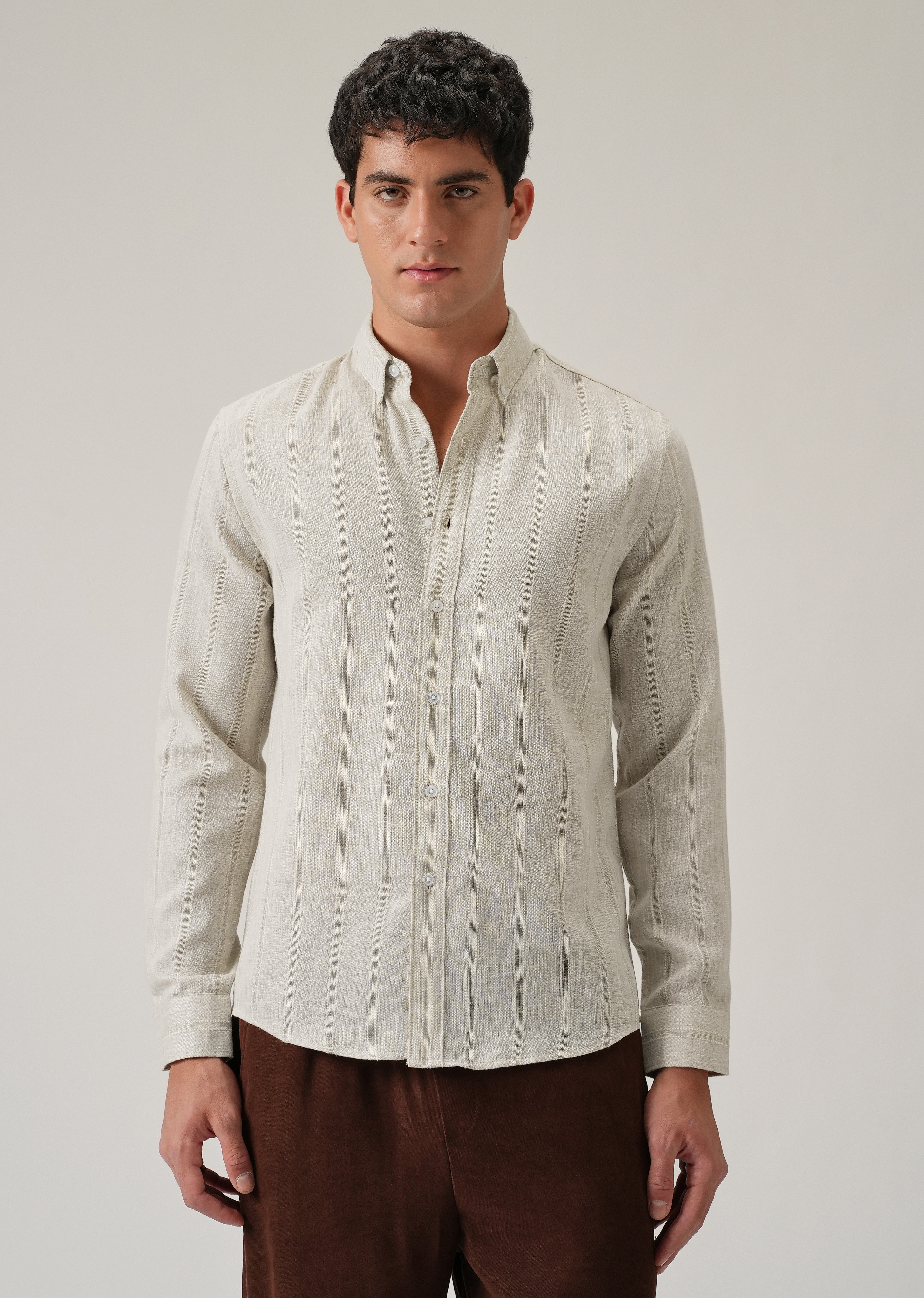 Light Taupe Stripe Blended Linen Shirt