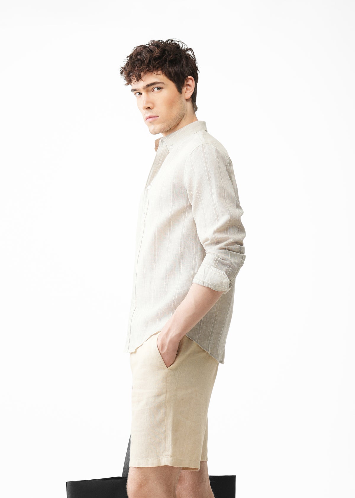 Light Taupe Striped Linen Blend Shirt