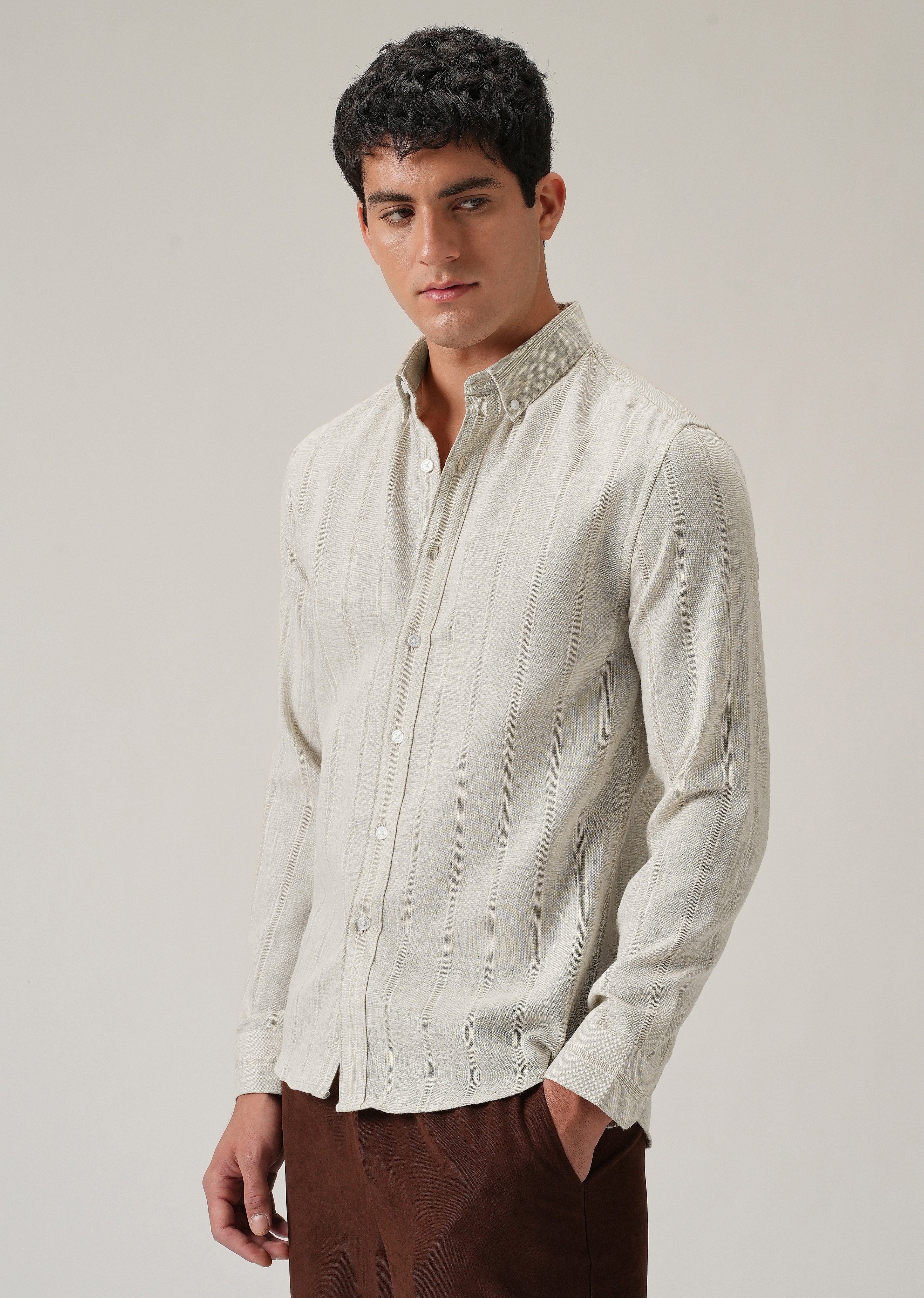 Light Taupe Stripe Blended Linen Shirt