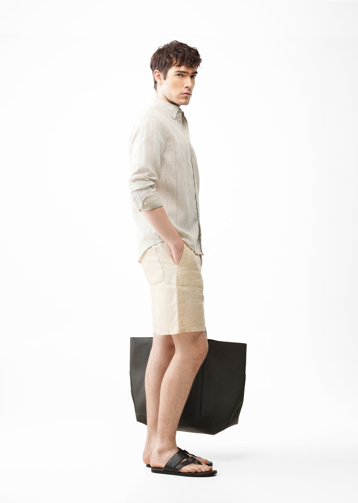 Light Taupe Striped Linen Blend Shirt
